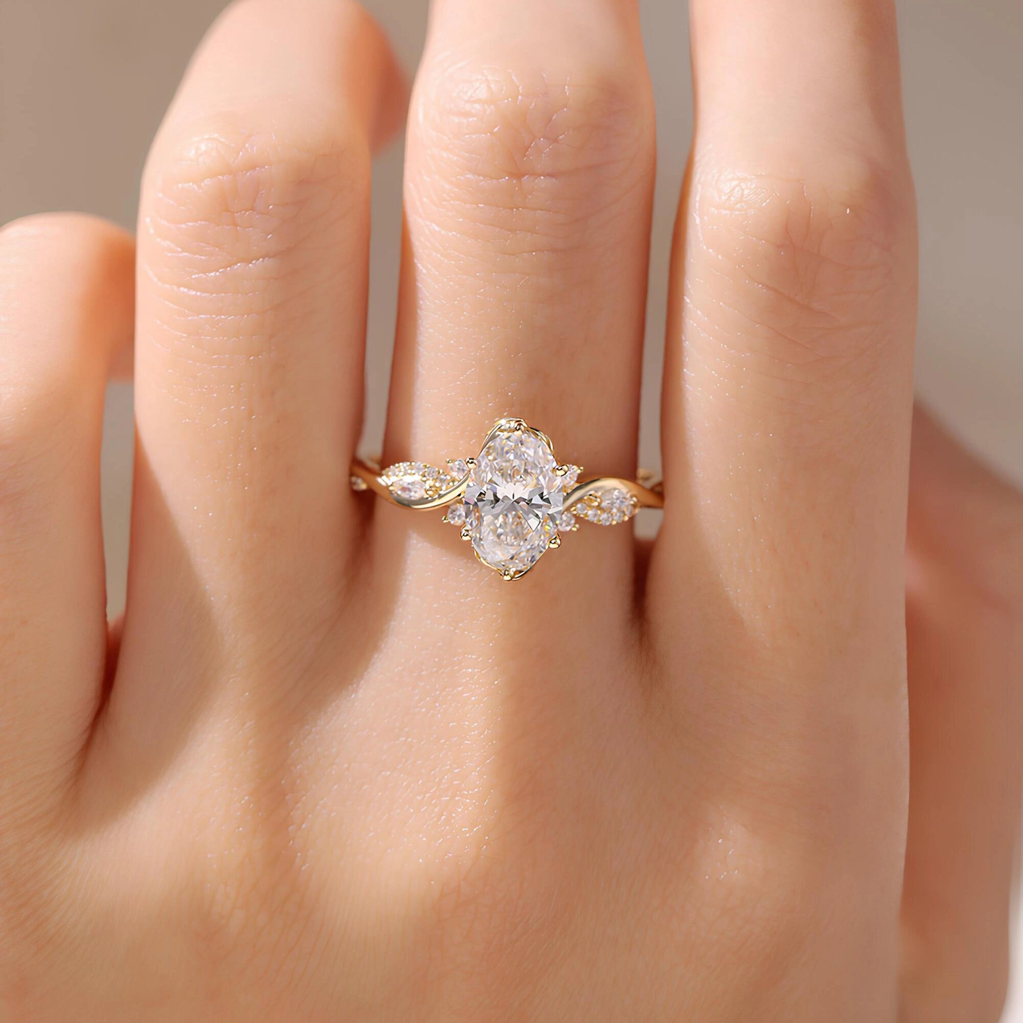Common :: 1.60ct Oval lab grown diamond ring with Round and Marquise accents