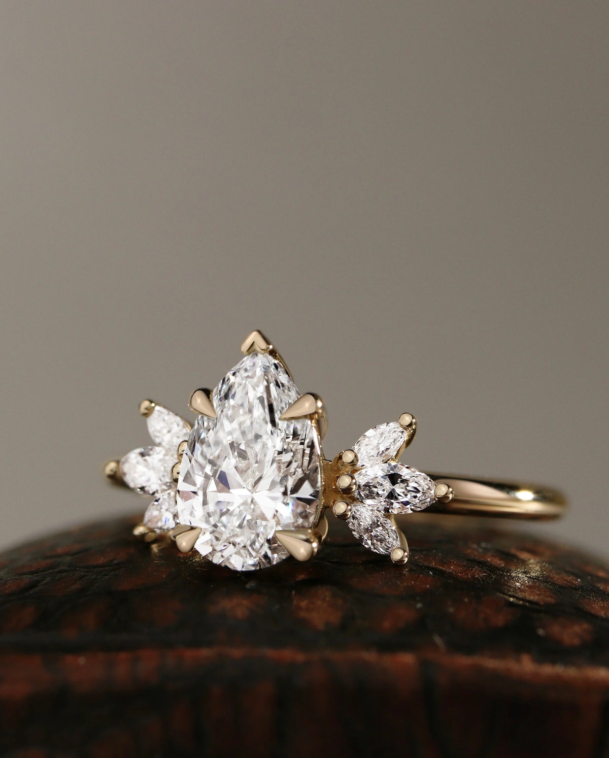 Common :: Pear lab grown diamond engagement ring with leaf inspired Marquise diamonds