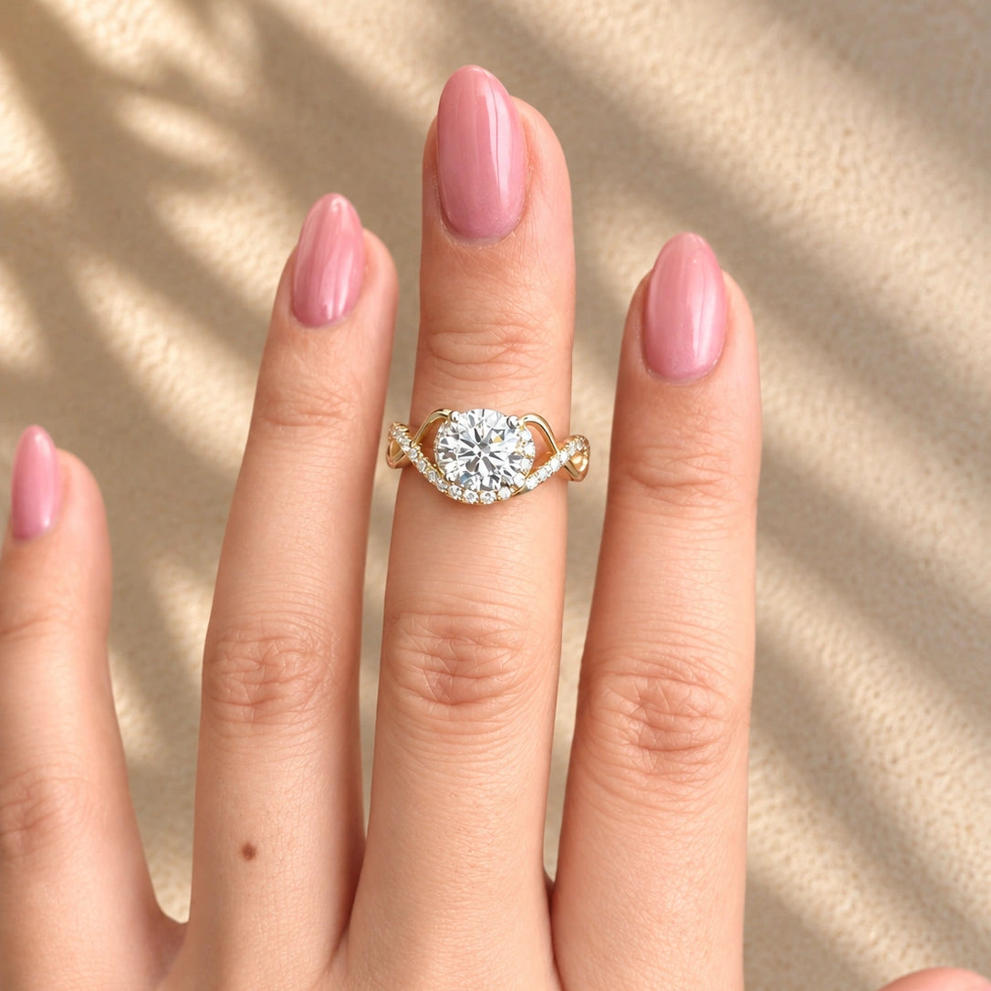 Common :: 1.80ct Round lab grown diamond ring with curved pavé accents