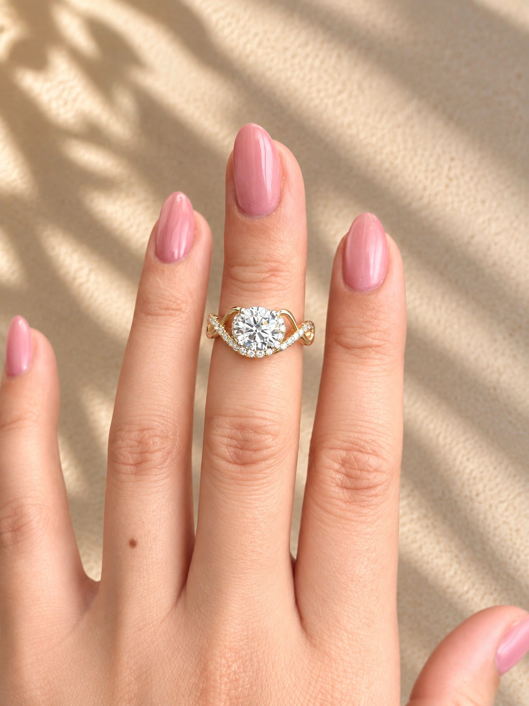 Common :: 1.80ct Round lab grown diamond ring with curved pavé accents