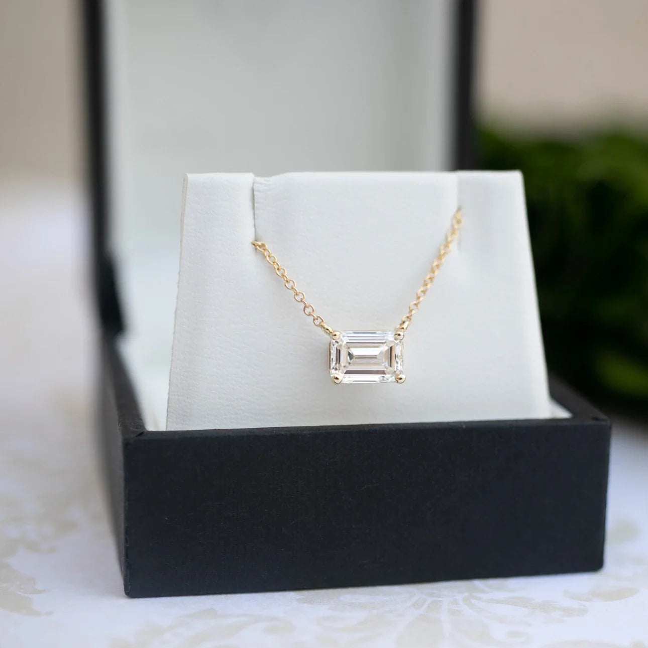 East - West Emerald Lab Grown Diamond Pendant With Chain, EF Color, VS Clarity, IGI Certified