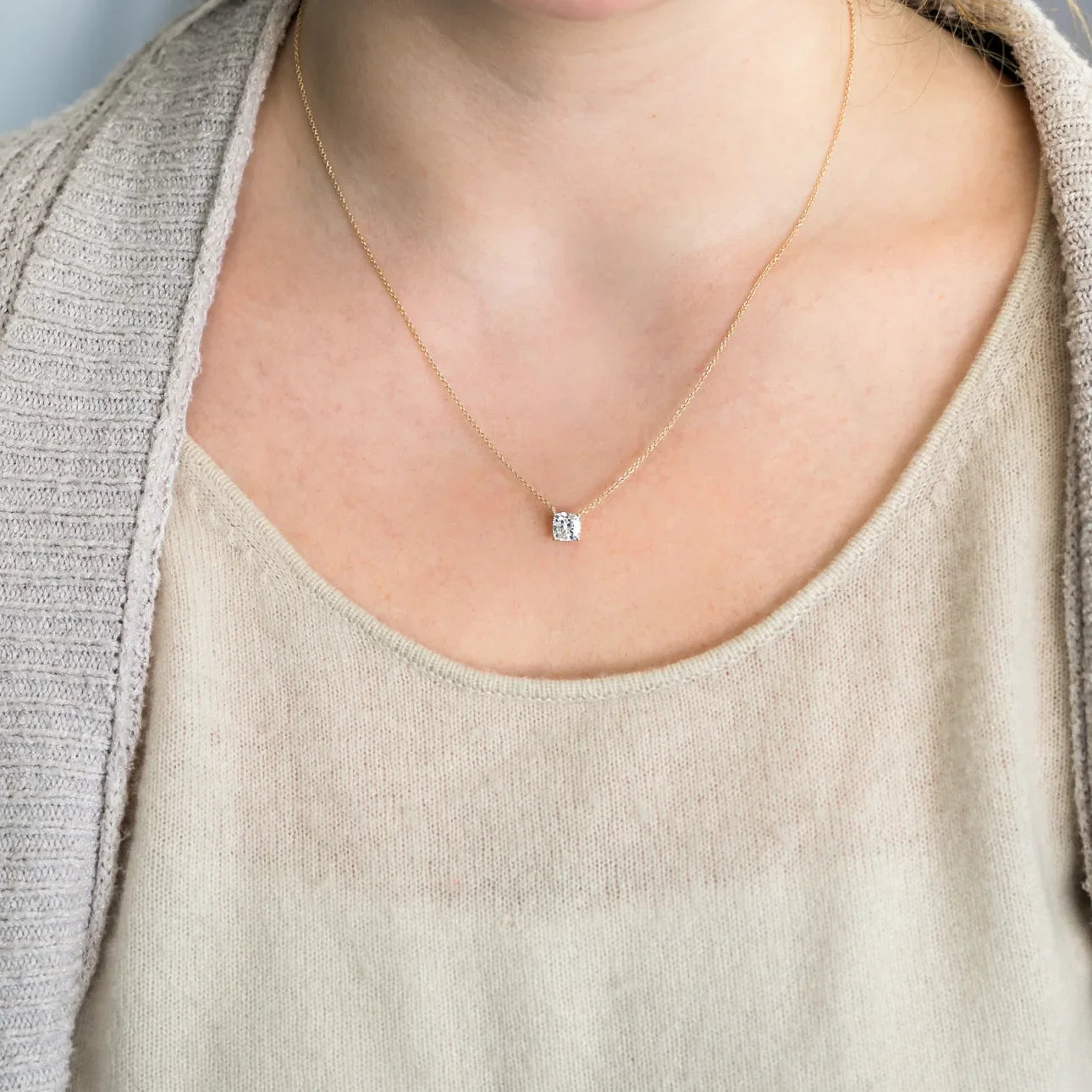 Cushion lab Grown Diamond Solitaire Pendant With Chain, EF Color, VS Clarity, IGI Certified