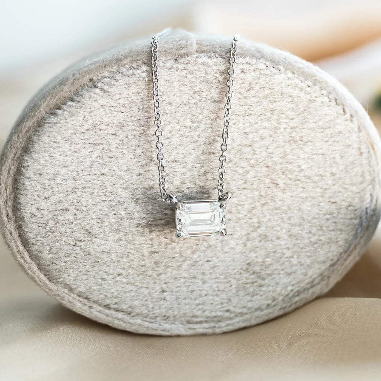 East - West Emerald Lab Grown Diamond Pendant With Chain, EF Color, VS Clarity, IGI Certified