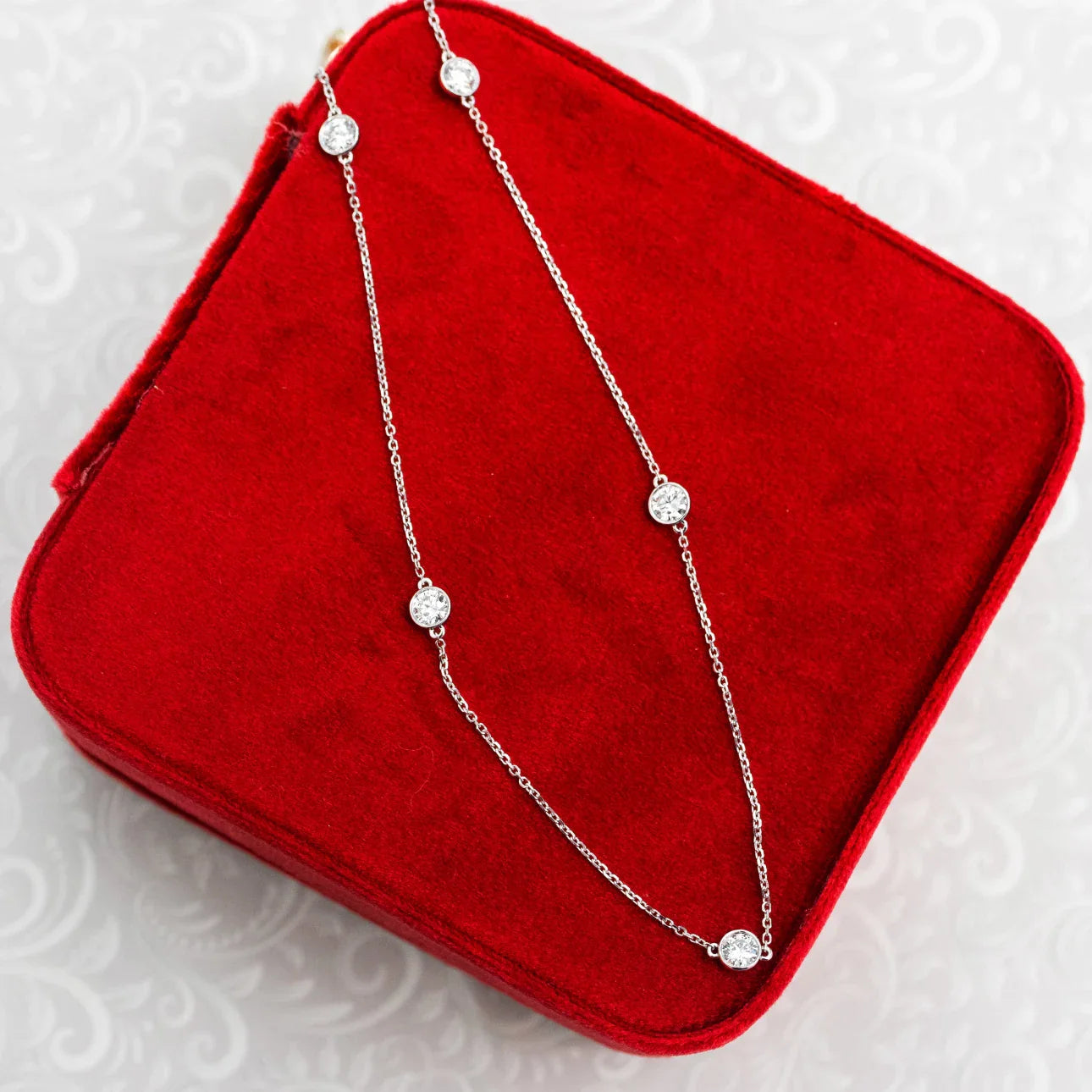 Five Round Lab Grown Dimaond Bezel Set Floating Cosmopolitan Necklace, EF Color, VS Clarity, IGI Certified