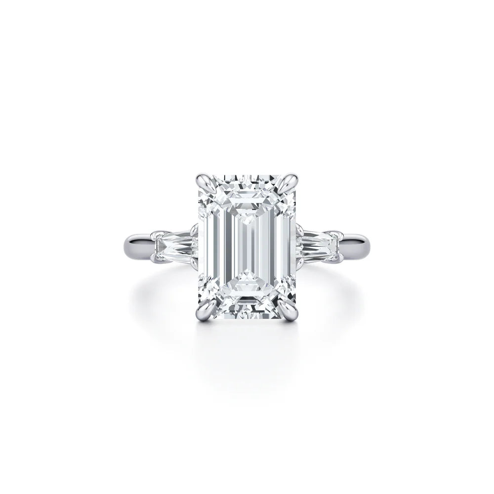Common :: Tavira 3.82ct emerald three stone lab grown diamond engagement ring IGI certified close up view