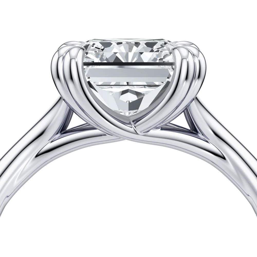 Common :: Elegant radiant solitaire engagement ring with lab grown diamond side angle view