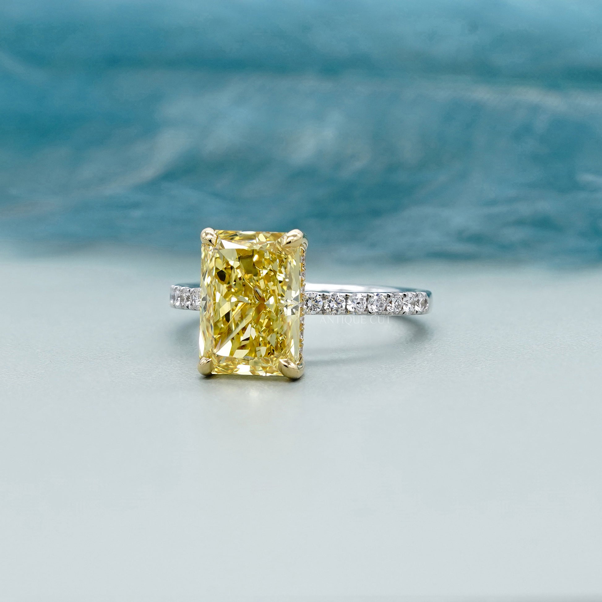 Fancy Yellow 4.40tcw Radiant Lab Diamond Engagement Ring | IGI Certified | White Gold Pave Band
