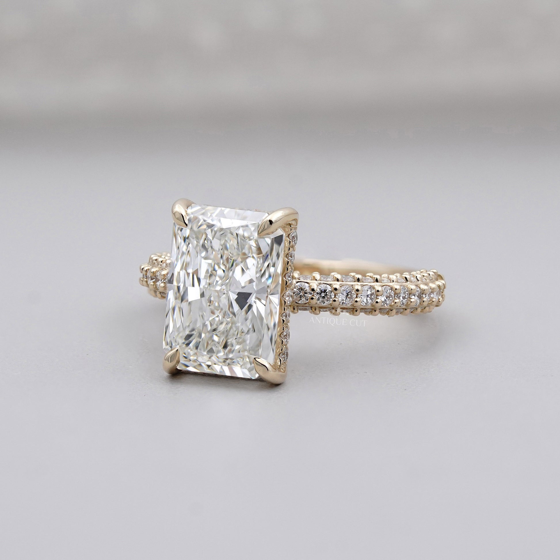 3.43tcw Emerald Lab-Grown Diamond Engagement Ring | Hidden Halo | Pave Band | Ethical Gold Ring