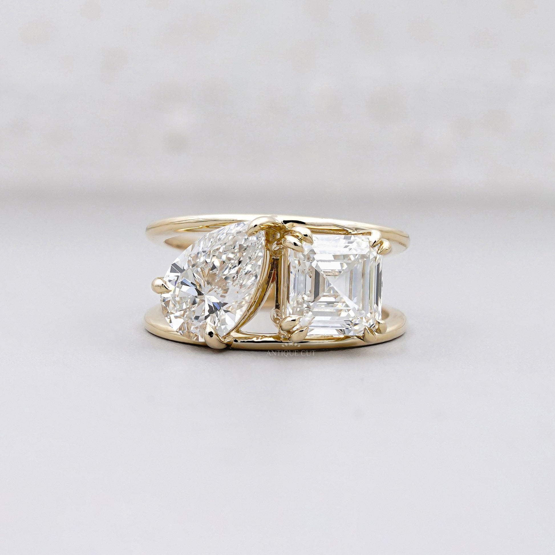 Two Stone Diamond Ring | 1.50ct Pear + 1.00ct Square Emerald Cut | Toi et Moi Engagement Ring | 14K Yellow Gold | Modern Statement Ring