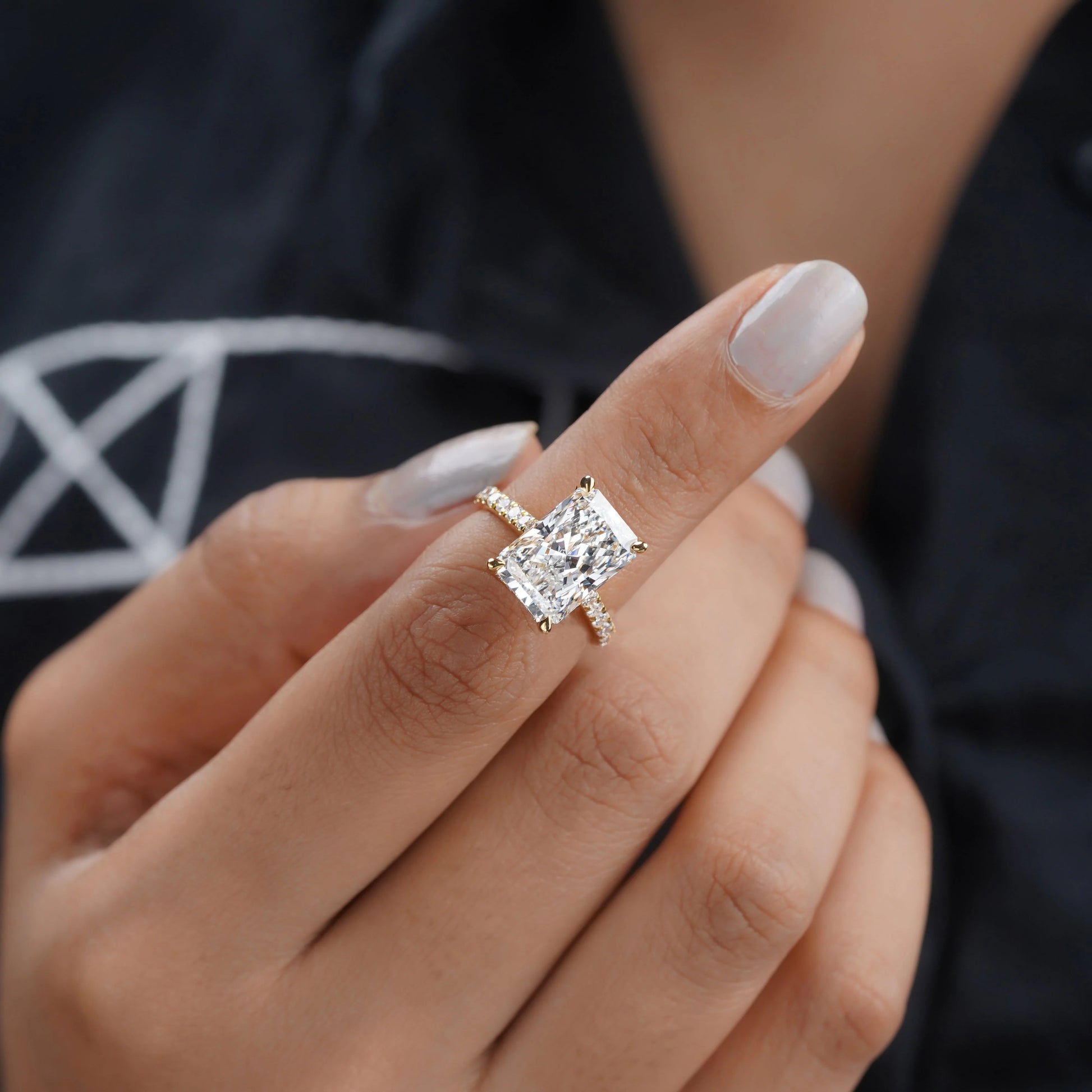 5.60tcw Radiant Lab Grown Diamond Engagement Ring | 5.00ct Radiant Center + 0.60ct Pavé & Hidden Halo | DEF VVS–VS | Cathedral 10K 14K 18K Yellow Gold | IGI Certified