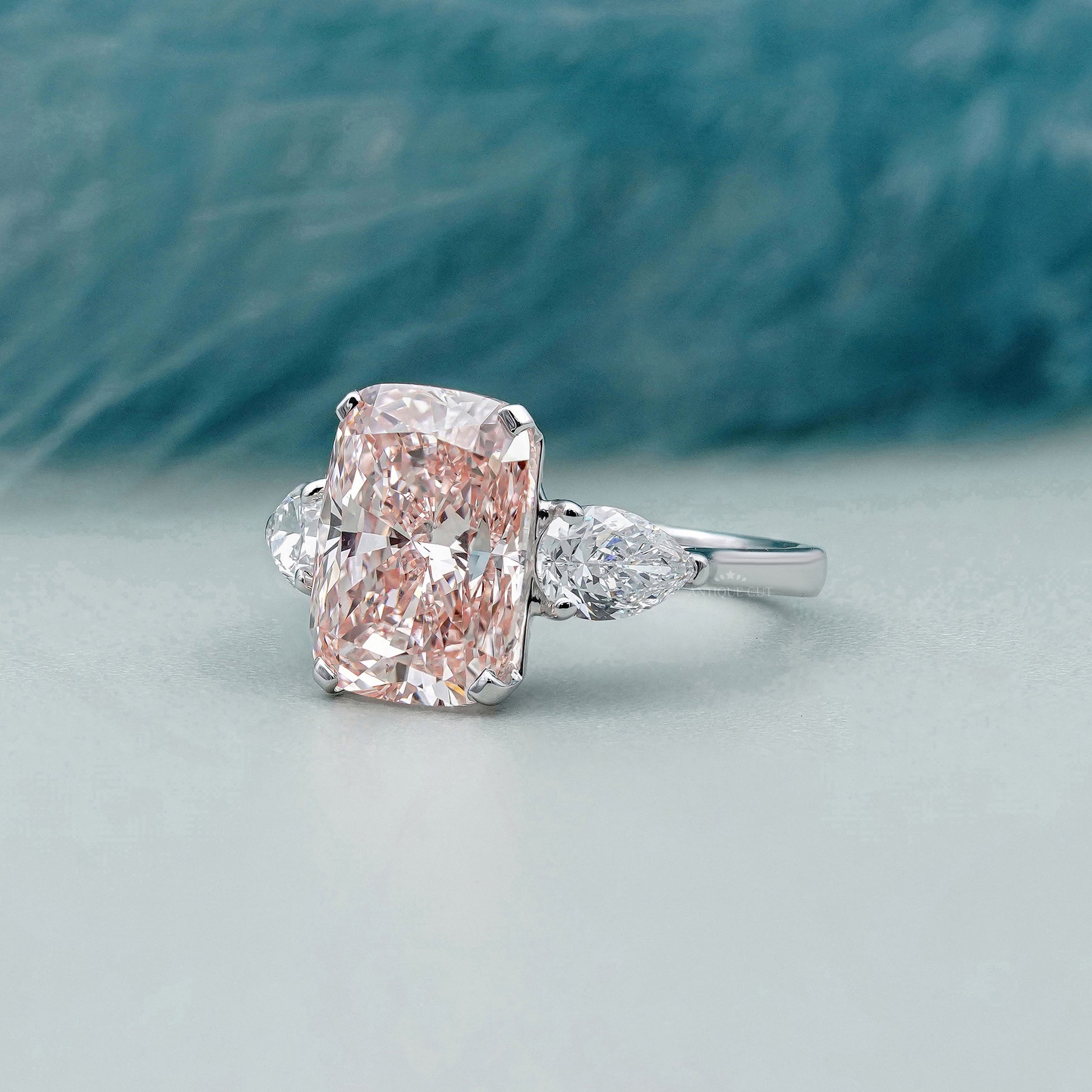 Fancy Pink Cushion 5.30tcw Lab Diamond Engagement Ring | Three Stone | IGI Certified
