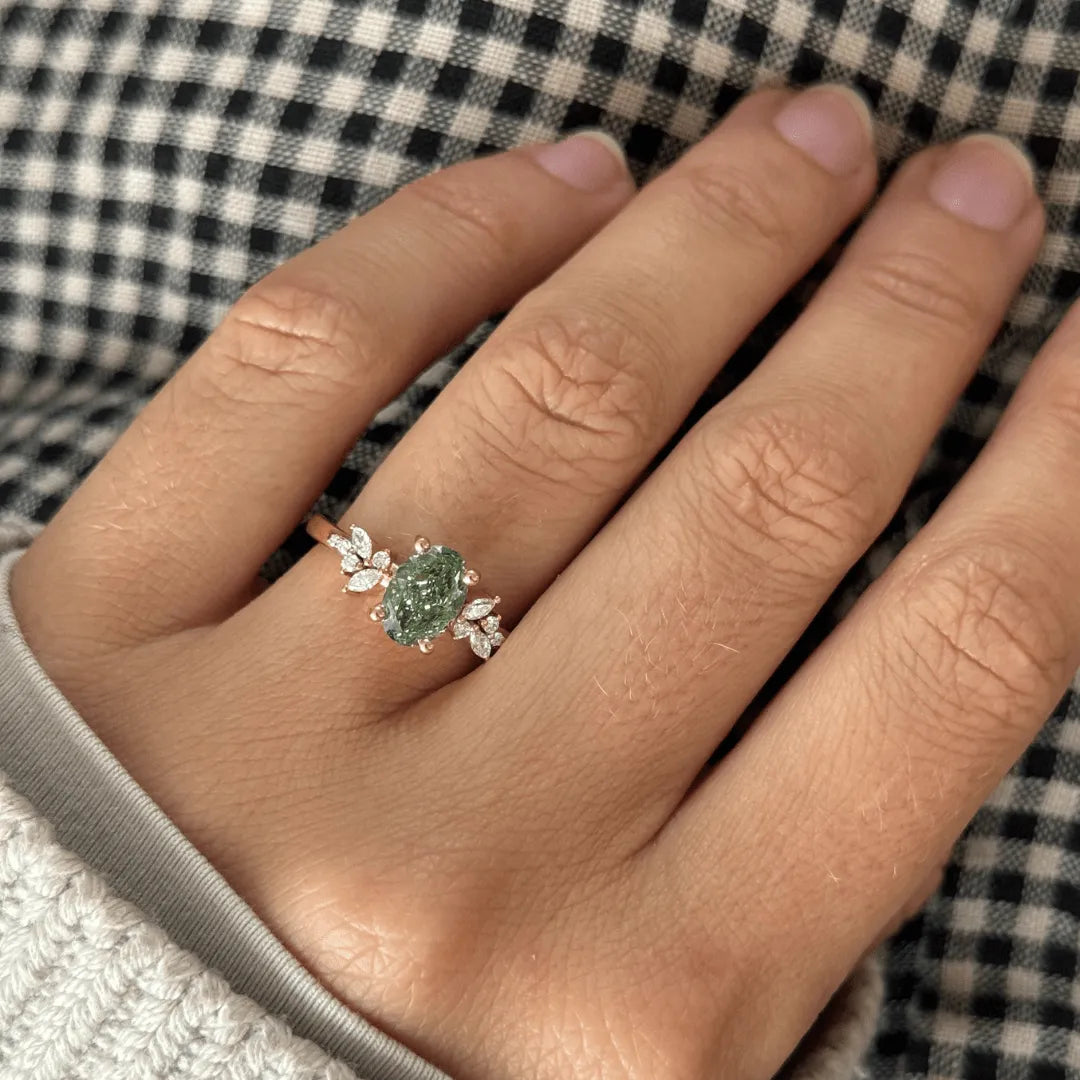 Common :: green oval lab grown diamond cluster ring luxury engagement ring