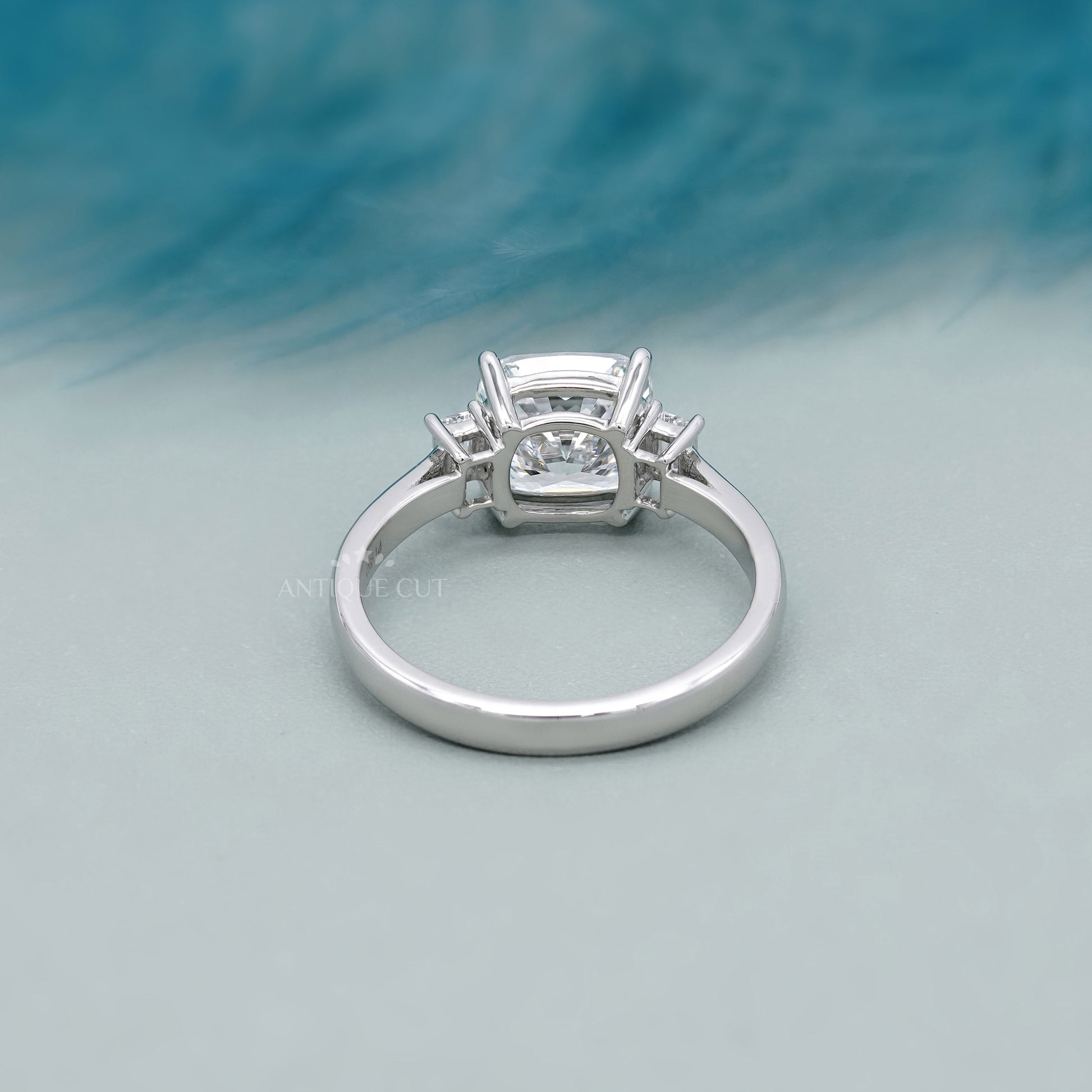 4.00ct Cushion Cut Diamond Engagement Ring | Three Stone Ring with 0.30ct Side Diamonds | Platinum / White Gold Bridal Jewelry