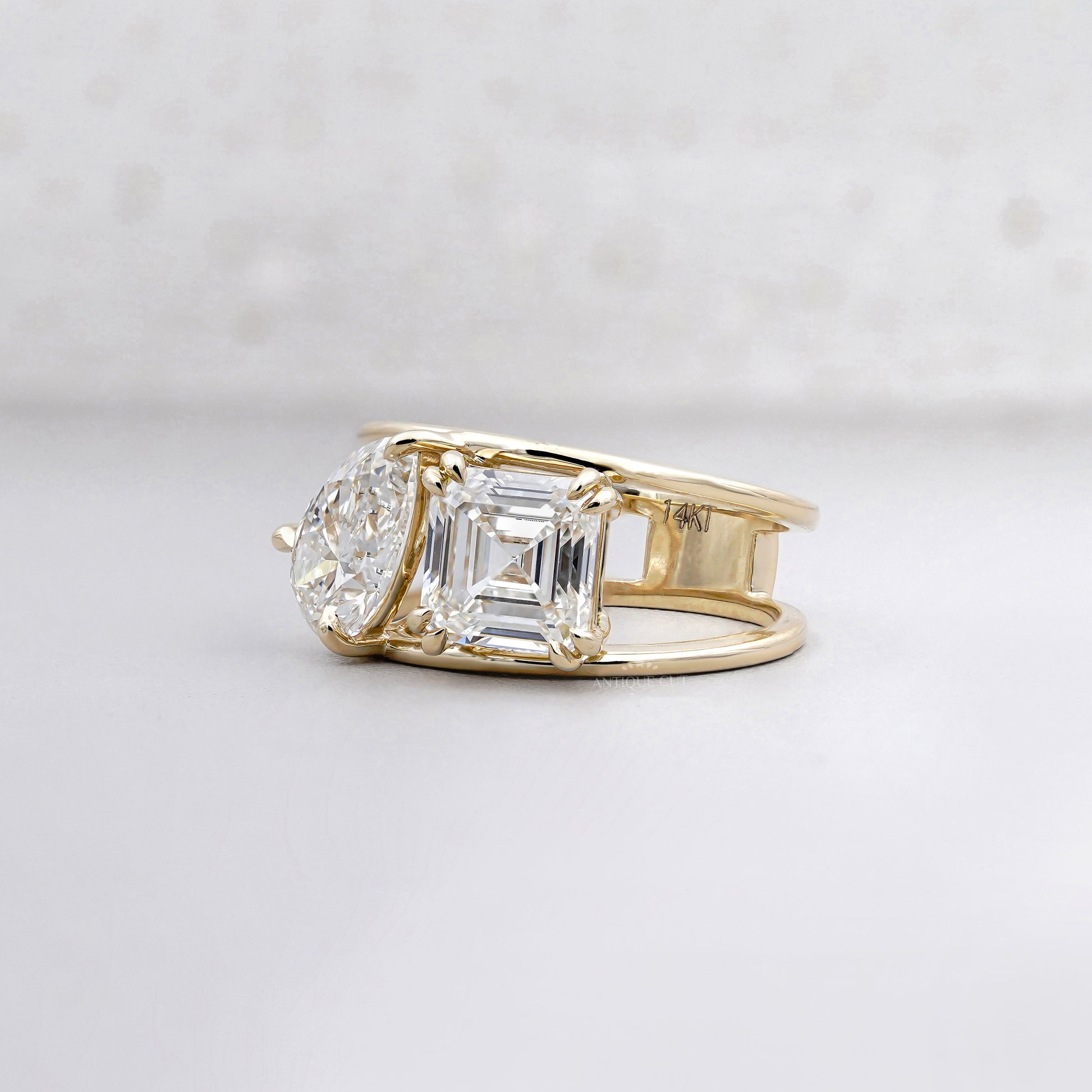Two Stone Diamond Ring | 1.50ct Pear + 1.00ct Square Emerald Cut | Toi et Moi Engagement Ring | 14K Yellow Gold | Modern Statement Ring