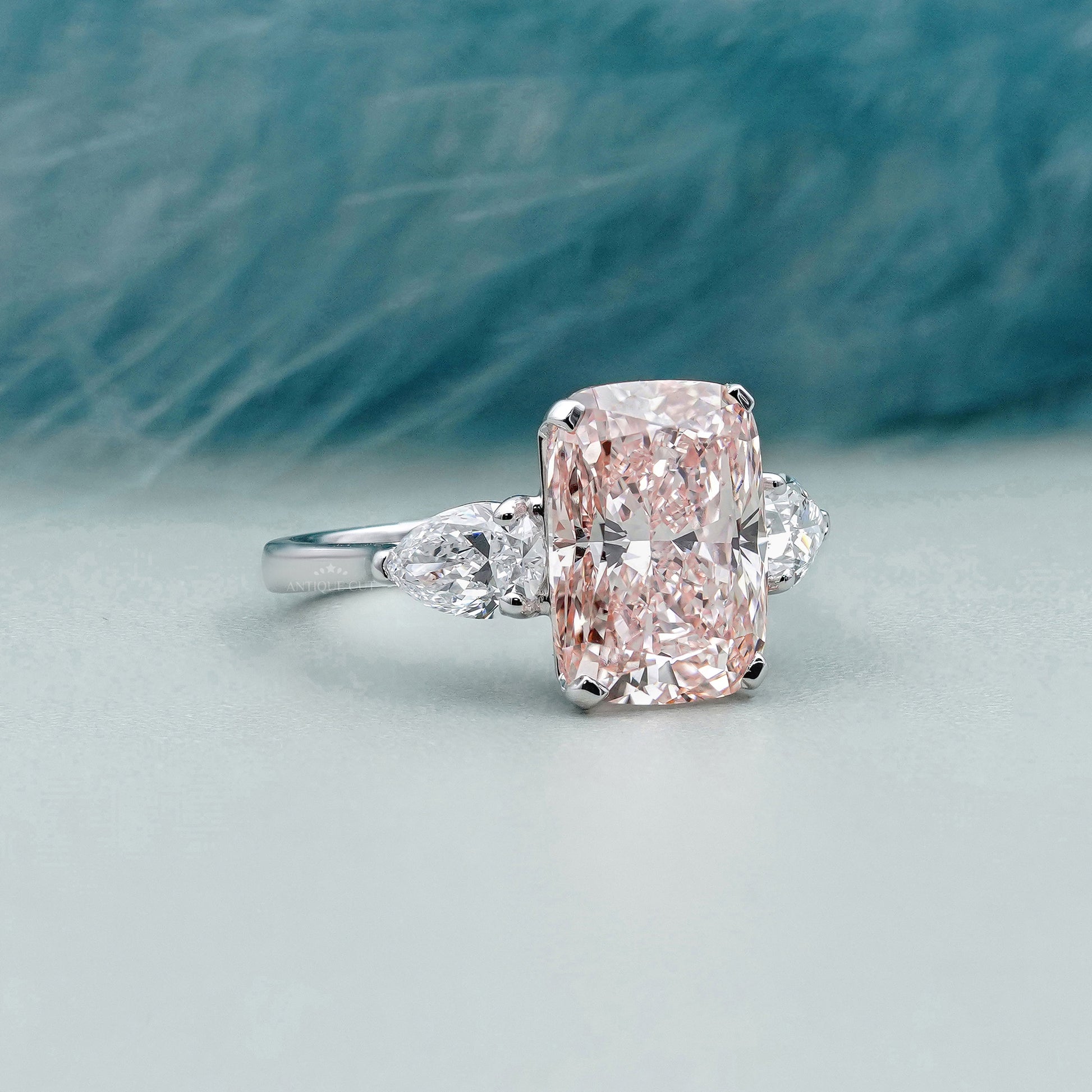 Fancy Pink Cushion 5.30tcw Lab Diamond Engagement Ring | Three Stone | IGI Certified
