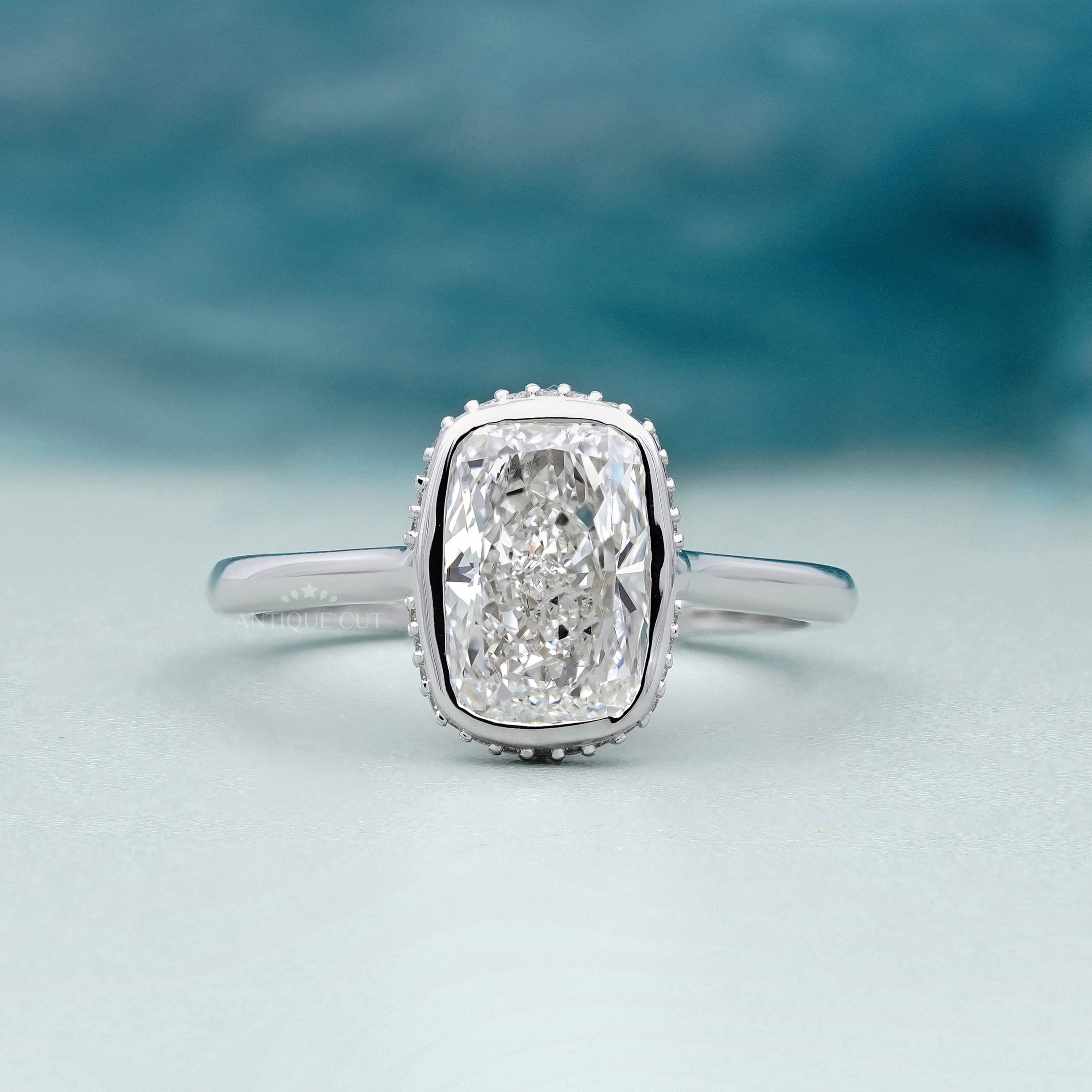 Cushion 3.20tcw Lab Grown Diamond Engagement Ring | Bezel Halo Setting | DEF Color | VVS–VS Clarity