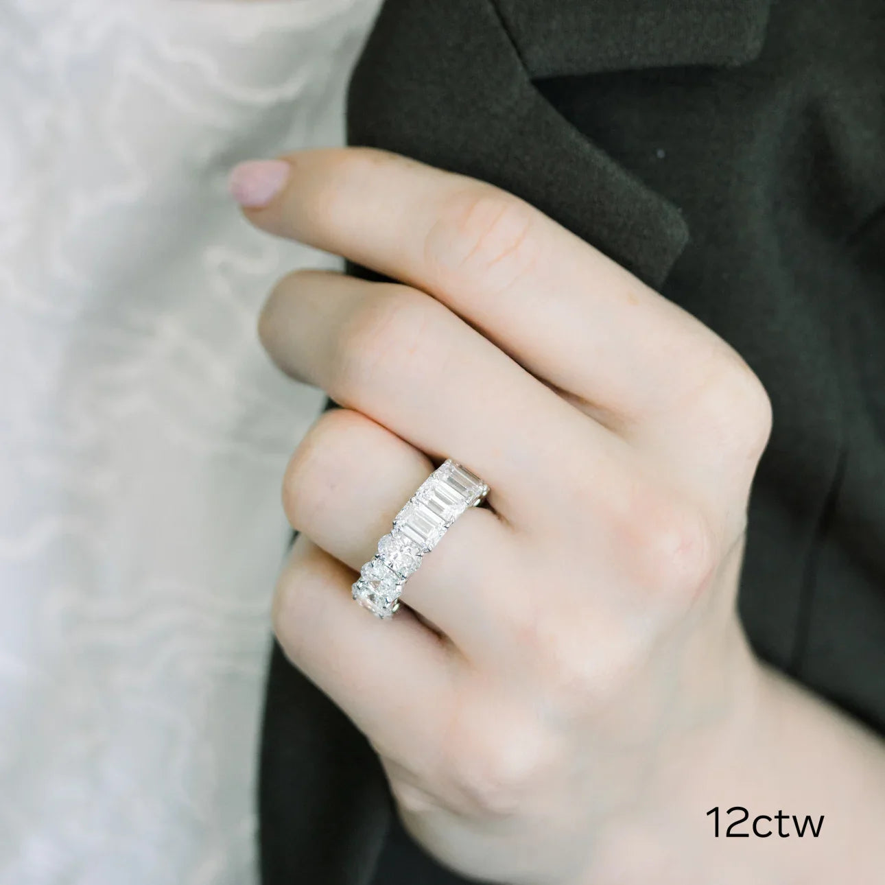 Oval And Emerald Lab Grown Diamond Half and Half Eternity Band , EF Color , VS Clarity , IGI Certificate