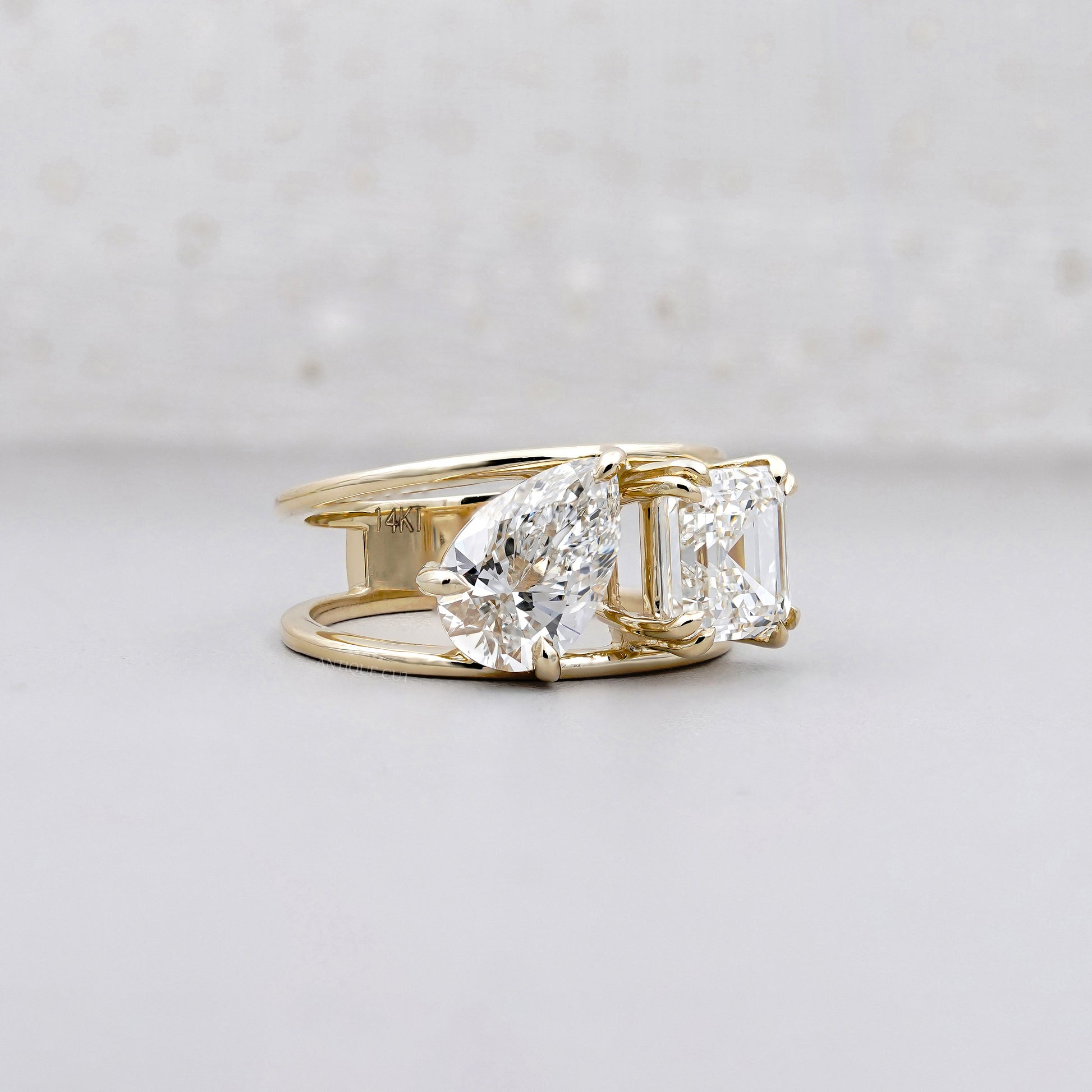 Two Stone Diamond Ring | 1.50ct Pear + 1.00ct Square Emerald Cut | Toi et Moi Engagement Ring | 14K Yellow Gold | Modern Statement Ring