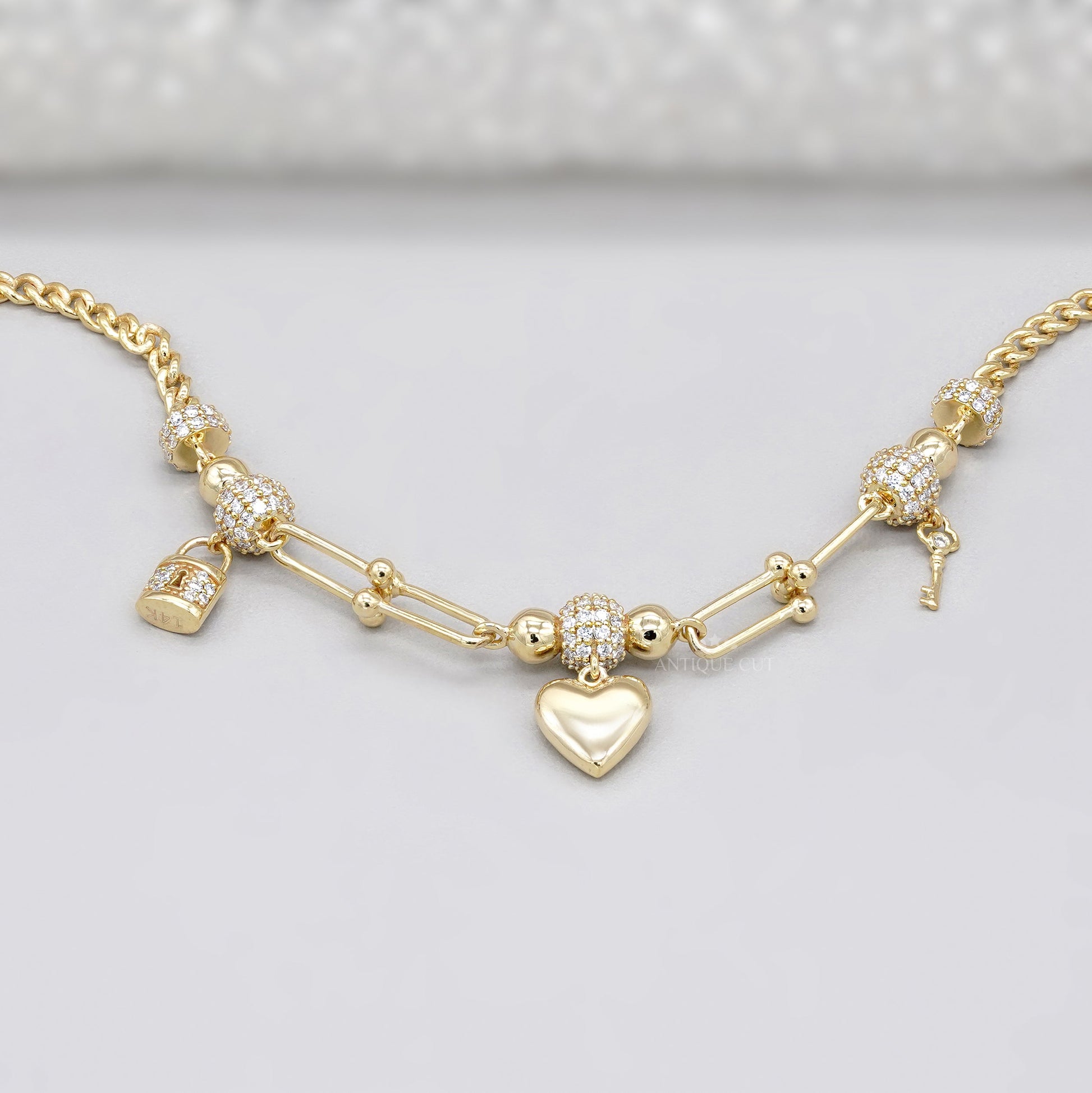1.50tcw Diamond Charm Bracelet | Heart, Lock & Key | Round Cut | IGI Certified