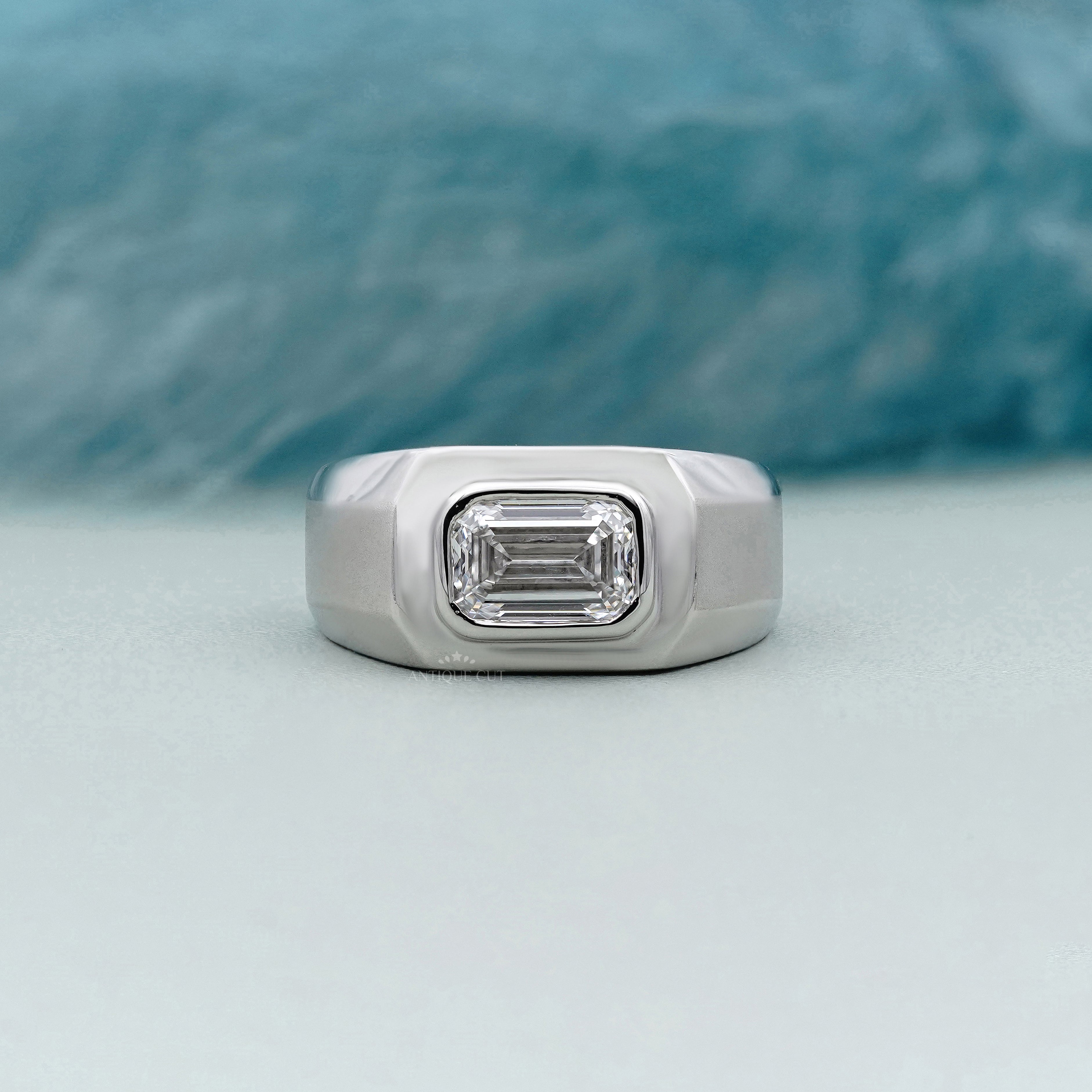 Men’s Emerald Cut 2.00ct East West Lab Grown Diamond Ring | Bezel Set Band | IGI Certified