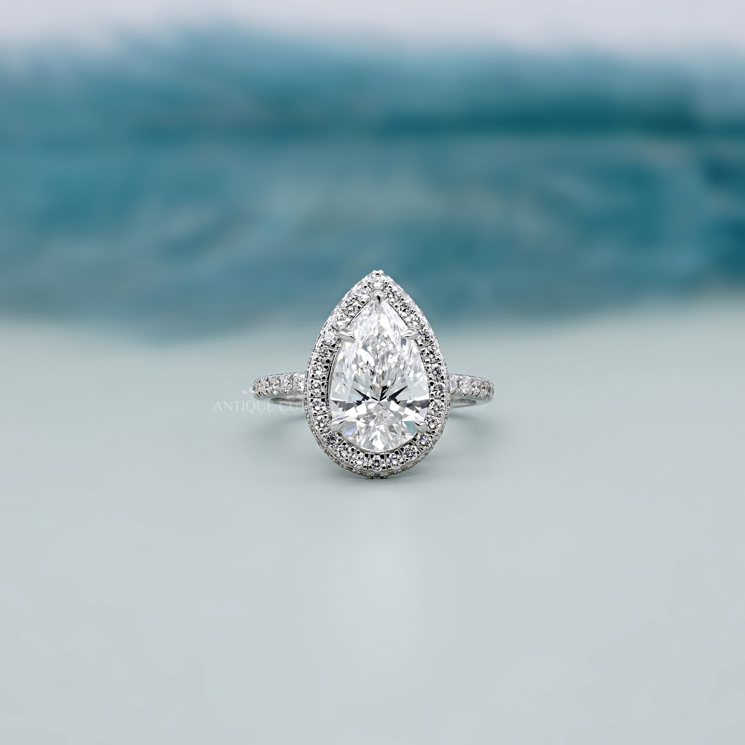 Pear 3.20ct Halo Lab Diamond Ring | Pave Band | IGI Certified