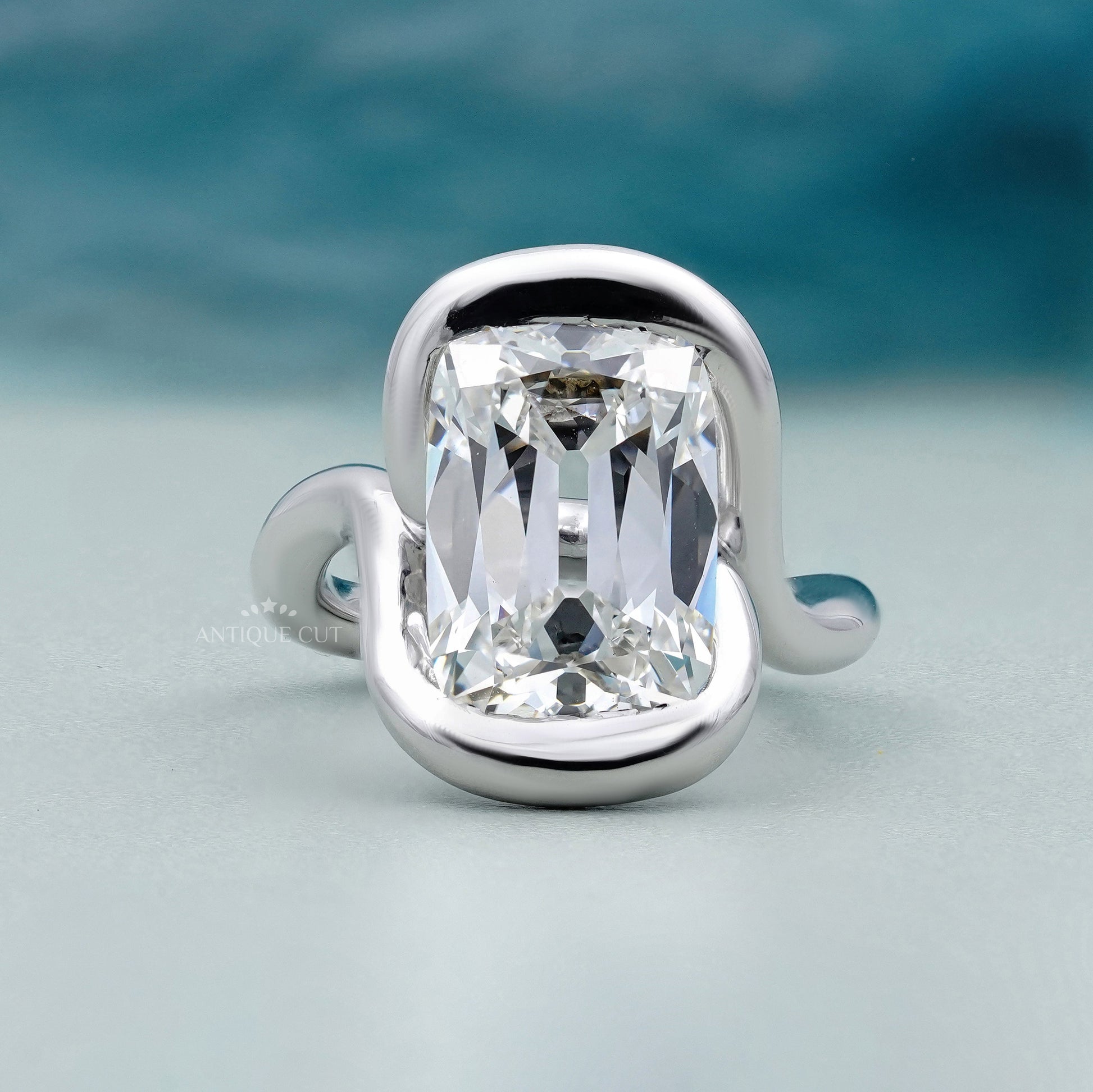 Cushion 5.10ct Lab Grown Diamond Swirl Bezel Ring | Modern Sculptural Setting | DEF Color | VVS–VS Clarity