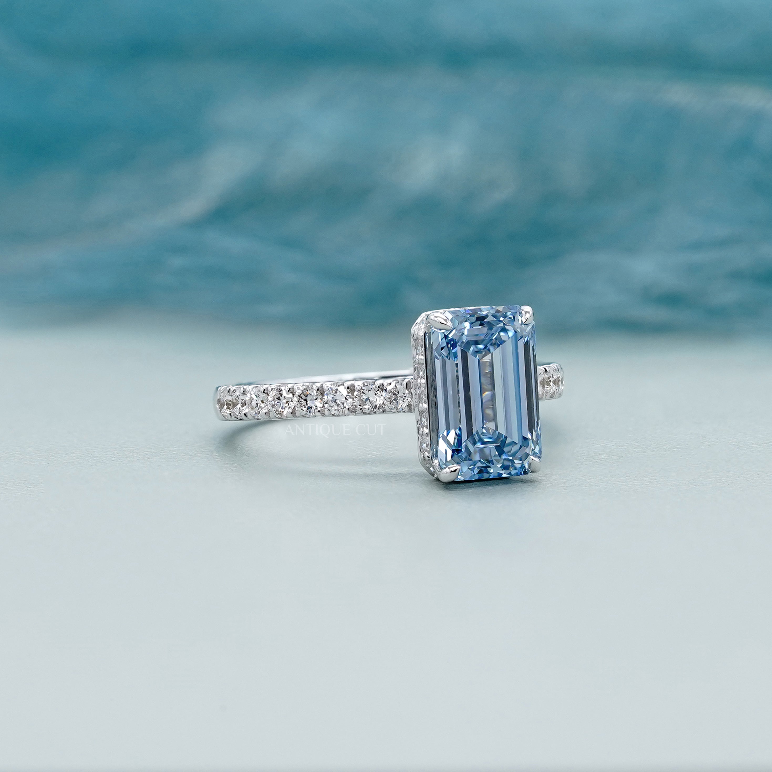 Fancy Blue 2.40tcw Emerald Cut Lab Diamond Engagement Ring | IGI Certified | White Gold Pave Setting