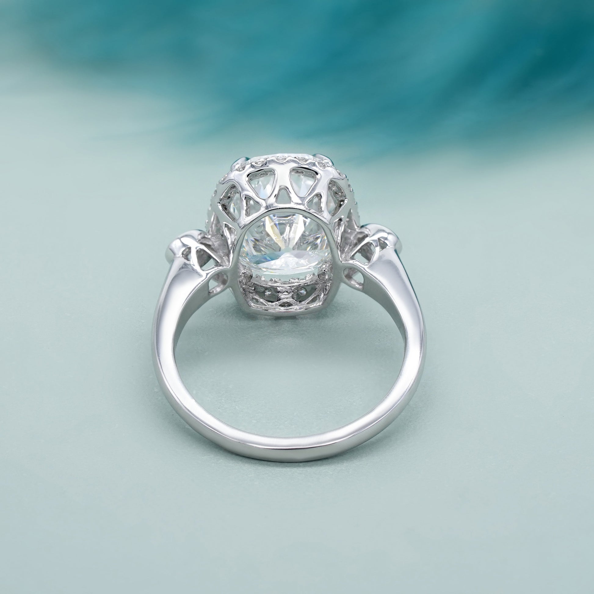 Elongated Cushion 5.40tcw Lab Grown Diamond Halo Engagement Ring | D-E-F Color | VVS–VS Clarity | IGI Certified | Unique Three Stone Ring