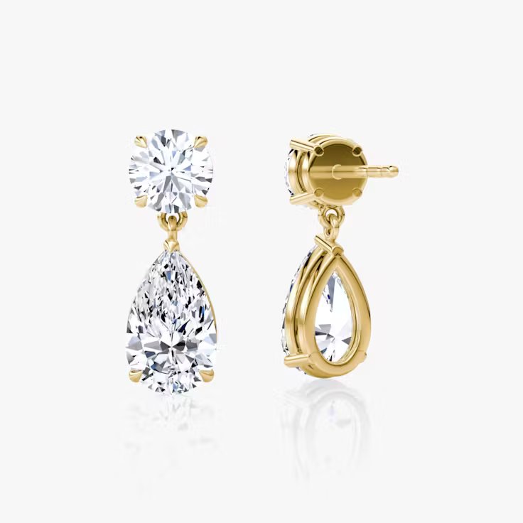 Round and Pear Lab Grown Diamond Duo Drop Push Back Earring, EF Color, VS Clarity, IGI Certified