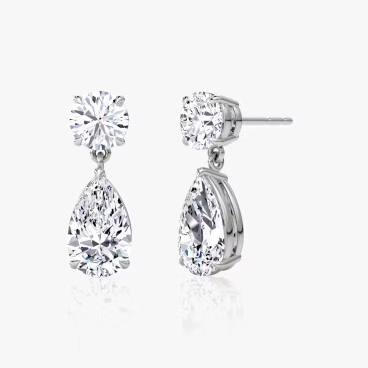 Round and Pear Lab Grown Diamond Duo Drop Push Back Earring, EF Color, VS Clarity, IGI Certified