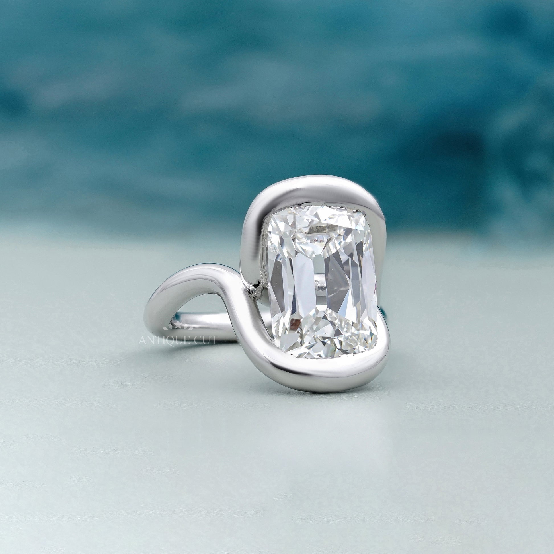 Cushion 5.10ct Lab Grown Diamond Swirl Bezel Ring | Modern Sculptural Setting | DEF Color | VVS–VS Clarity