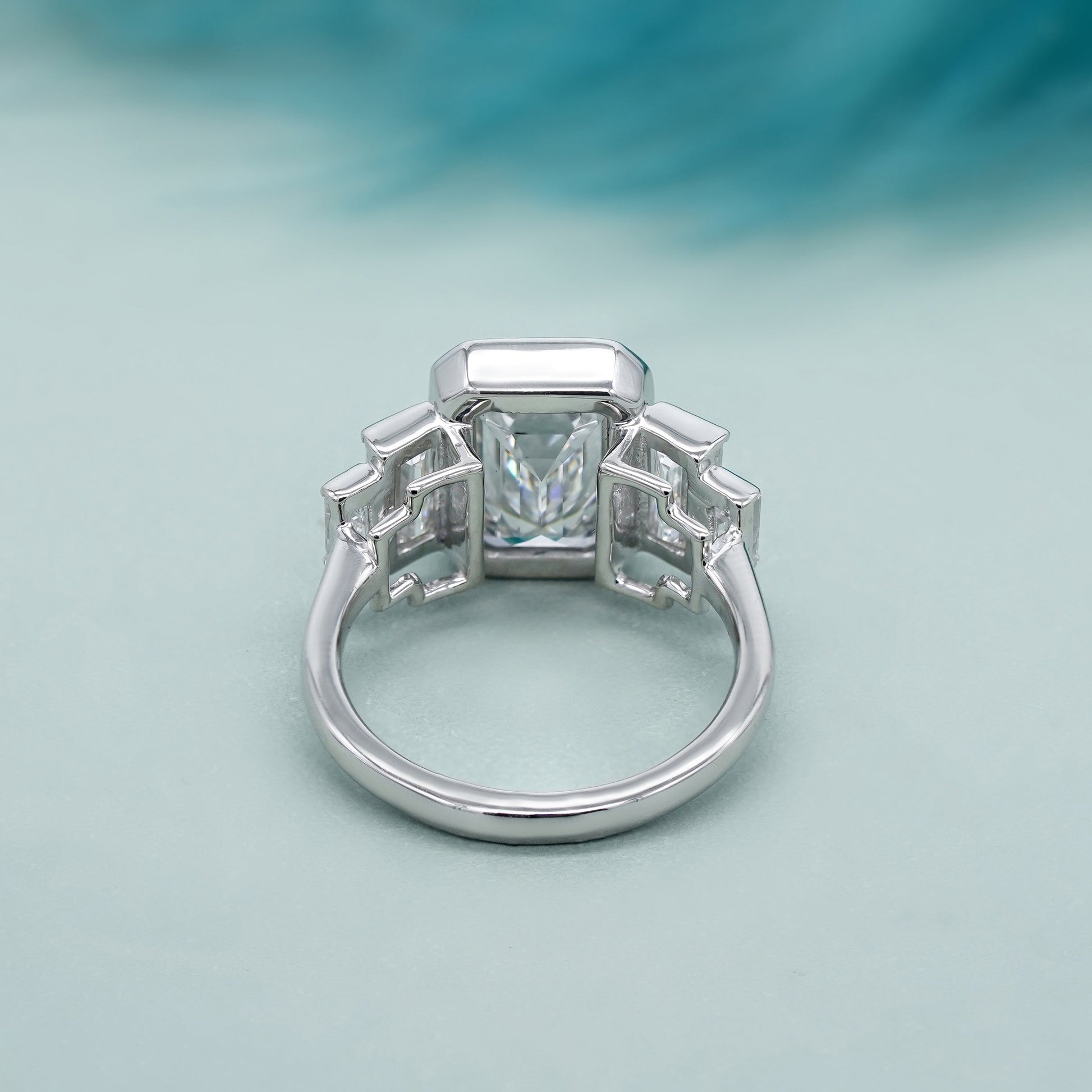 Emerald 4.00tcw Lab Grown Diamond, Bezel Set Three Stone Engagement Ring, D-E-F Color, VVS-VS Clarity, IGI Certificate