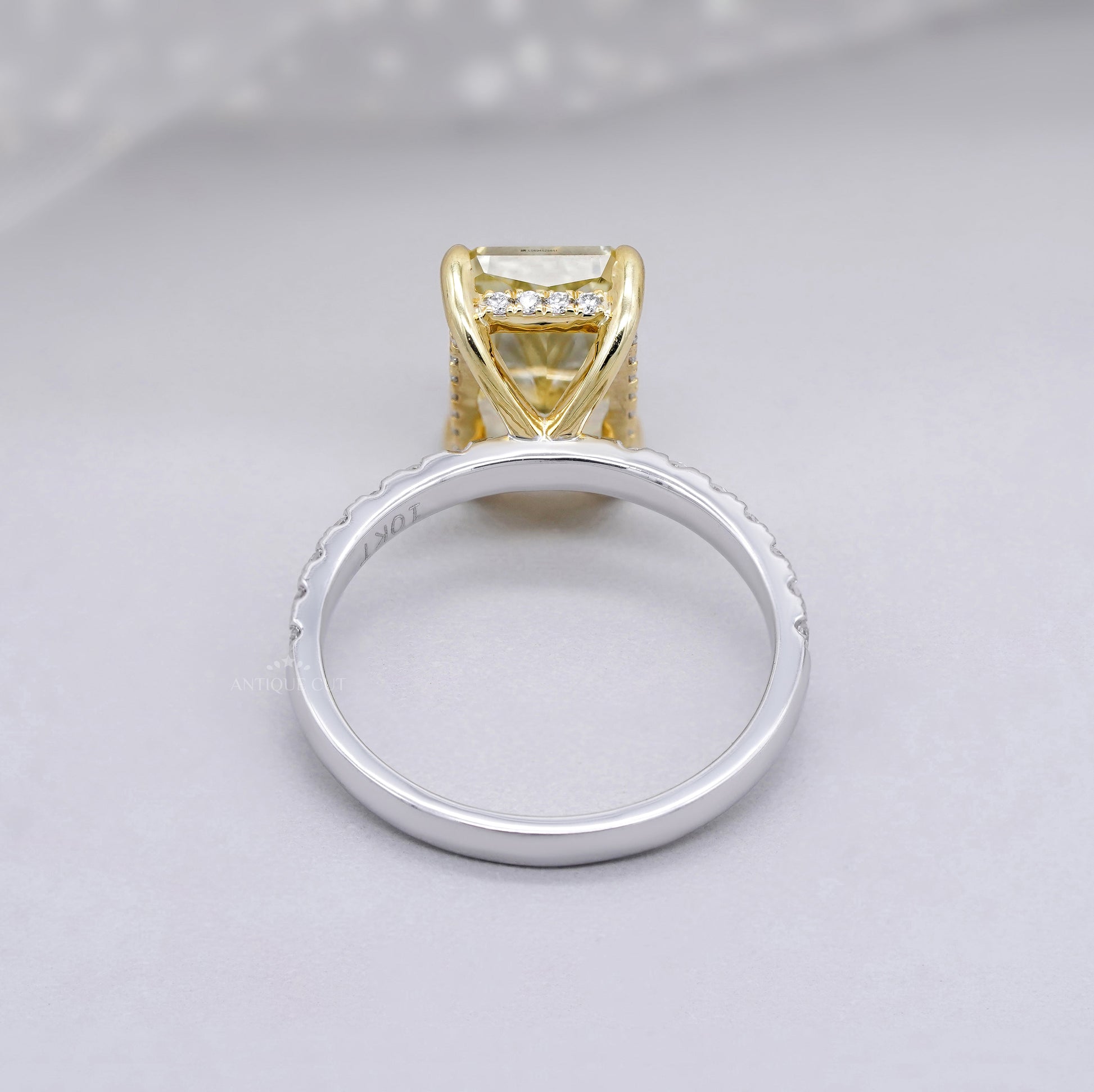 4.40ct Radiant Fancy Yellow Lab Diamond Ring with Hidden Halo & Two Tone Pavé Band