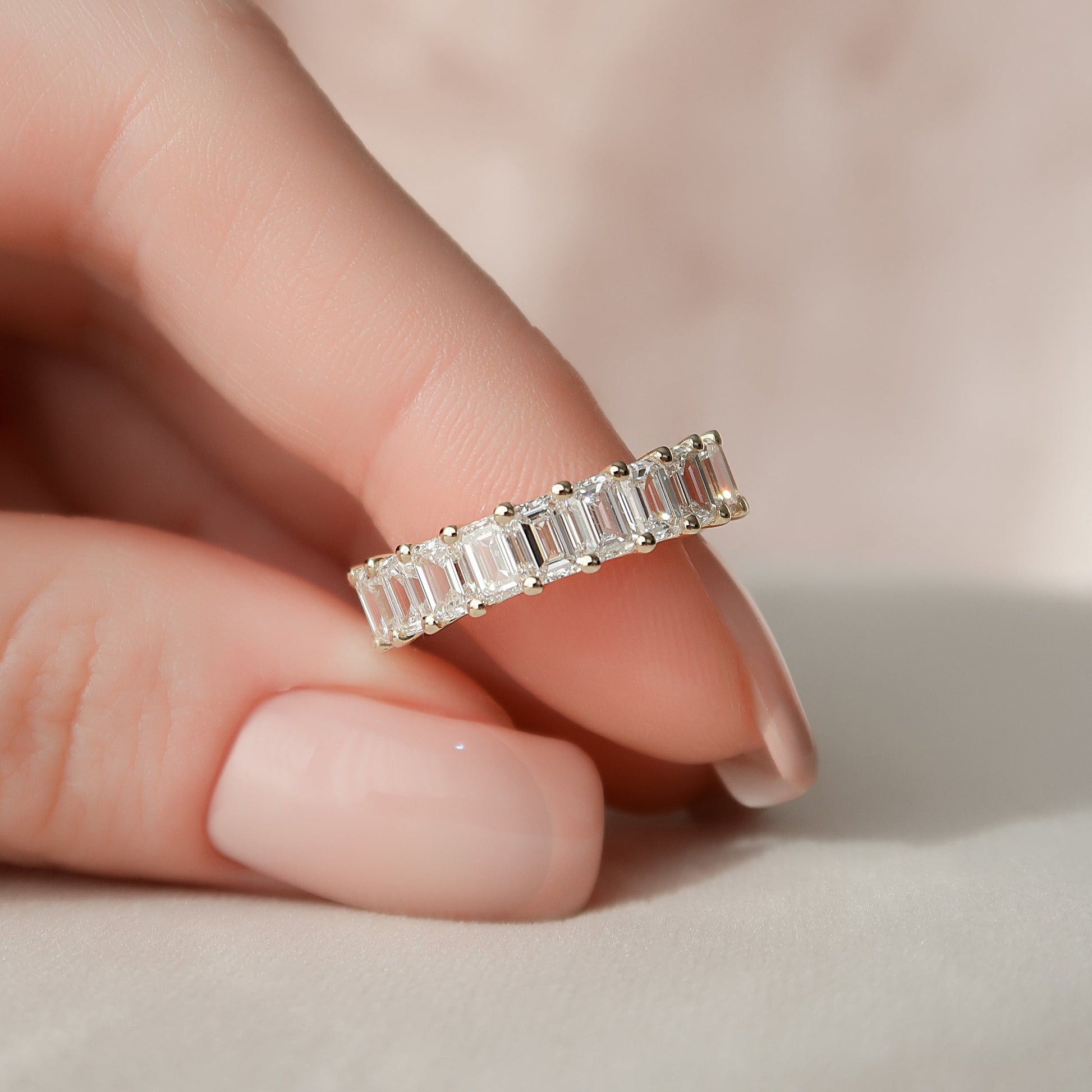 Yellow :: luxury 4 carat emerald lab diamond eternity ring yellow gold sleek design