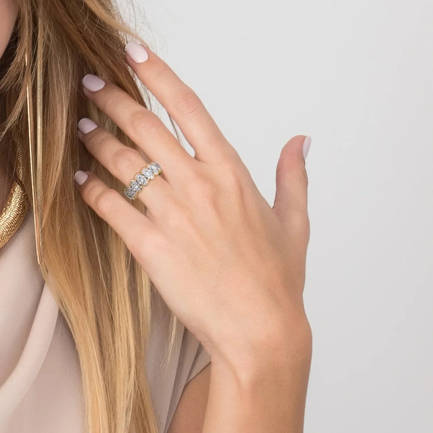 Oval Lab Grown Diamond Half Bezel Eternity Band, EF Color, VS Clarity, IGI Certified