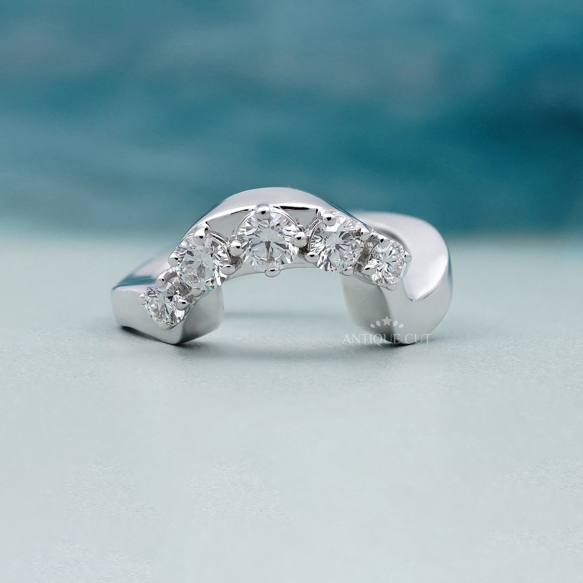 Round 0.70tcw Diamond Curved Band | Sculptural Wave Ring | Gold Contour Wedding Band