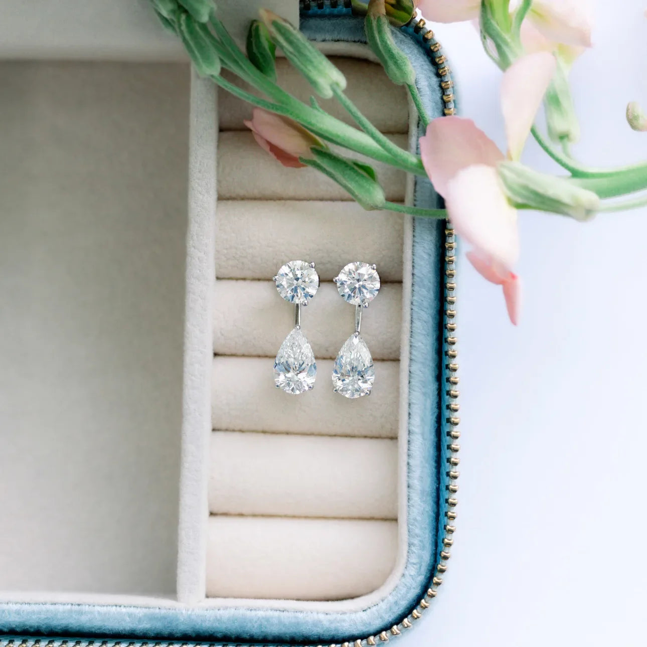 Round and Pear Lab Grown Diamond Drop Push Back Earring Jacket, EF Color, VS Clarity, IGI Certified