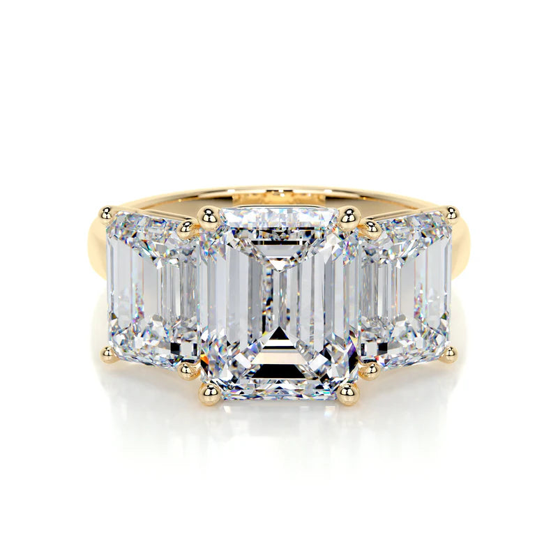 Yellow :: modern emerald cut lab grown diamond three stone engagement ring luxury design
