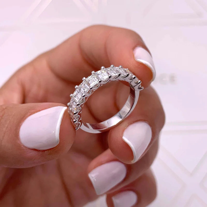 White :: full eternity emerald cut lab grown diamond ring minimalist bridal band