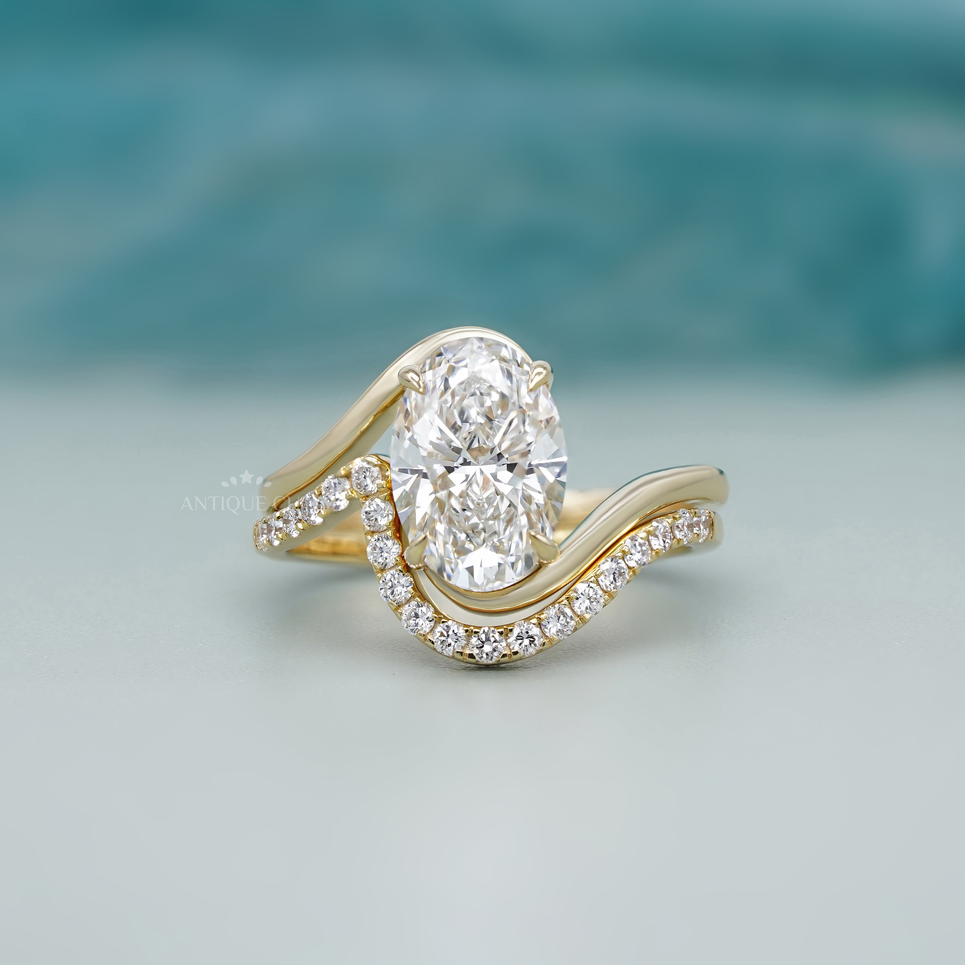 Modern Curve 3.20tcw Oval Lab Diamond Engagement Ring | Matching Curved Band | IGI Certified