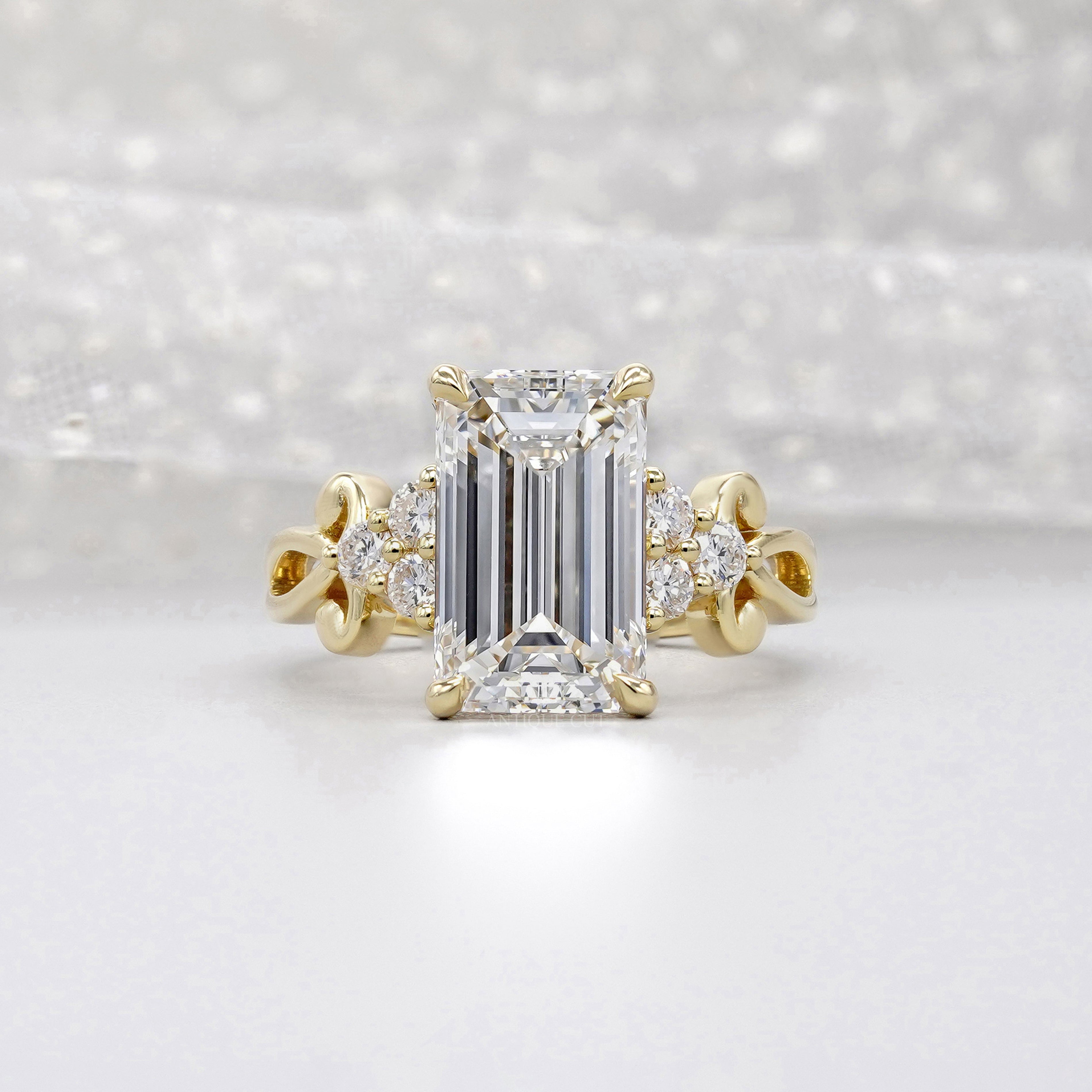 Emerald 5.30tcw Lab Grown Diamond Engagement Ring | Yellow Gold Fleur-de-Lis Setting | IGI Certified