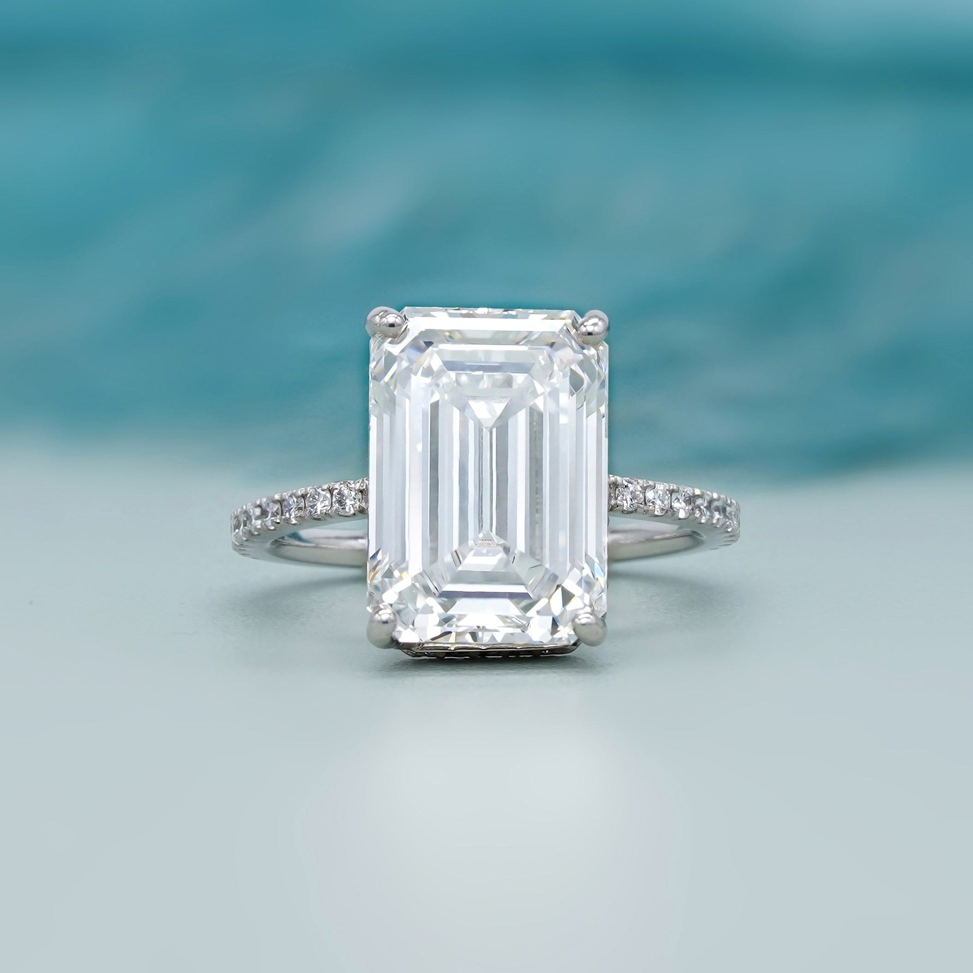 Emerald 6.40tcw Lab Grown Diamond Hidden Halo Pave Engagement Ring | IGI Certified | DEF VVS–VS