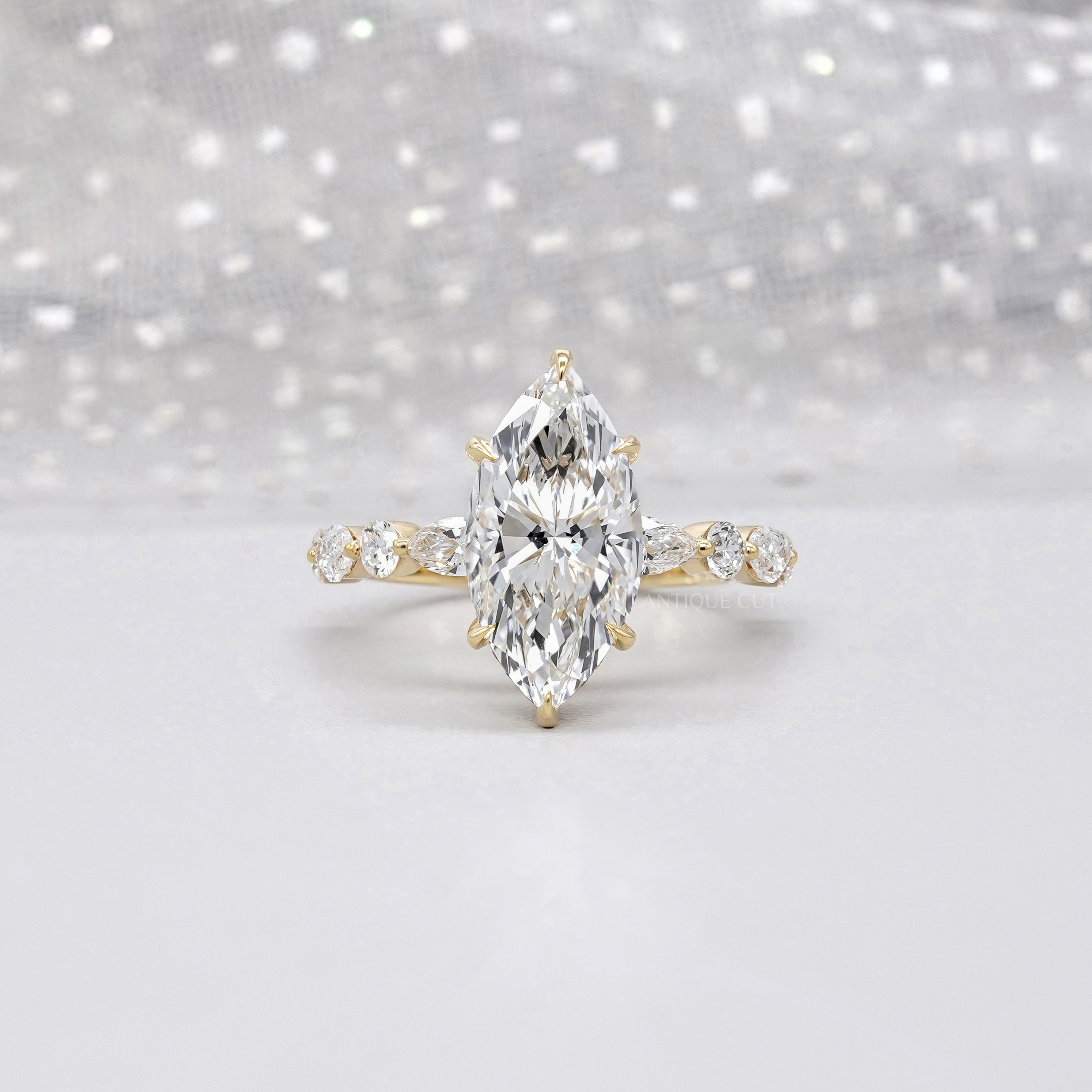 Marquise 4.00tcw Lab Grown Diamond Engagement Ring | IGI Certified | Yellow Gold | Unique Diamond Band