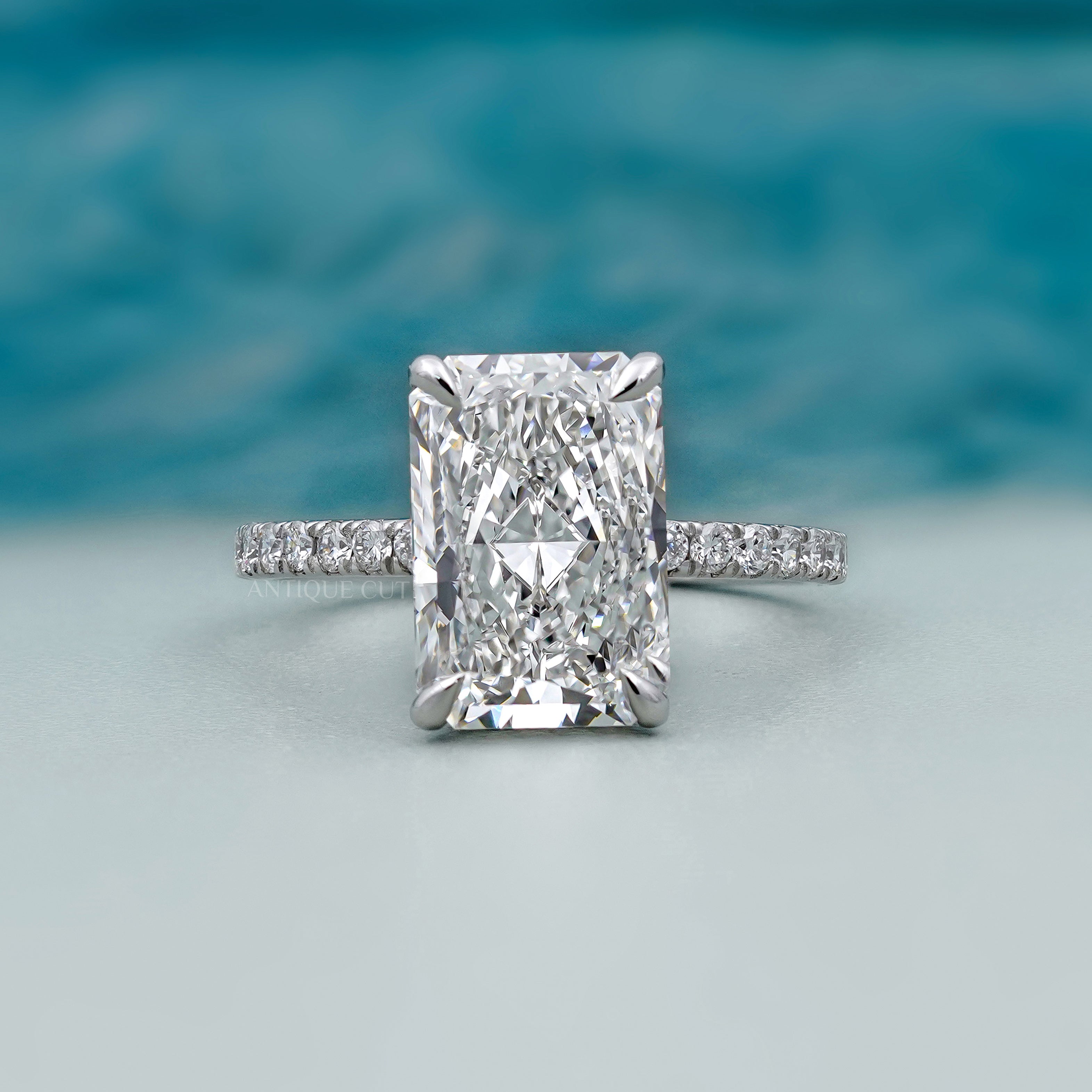 5.00ct Radiant Cut Diamond Engagement Ring | Hidden Halo with 0.70ct Side Stones | 14K Gold Solitaire Pave Band | Luxury Bridal Ring