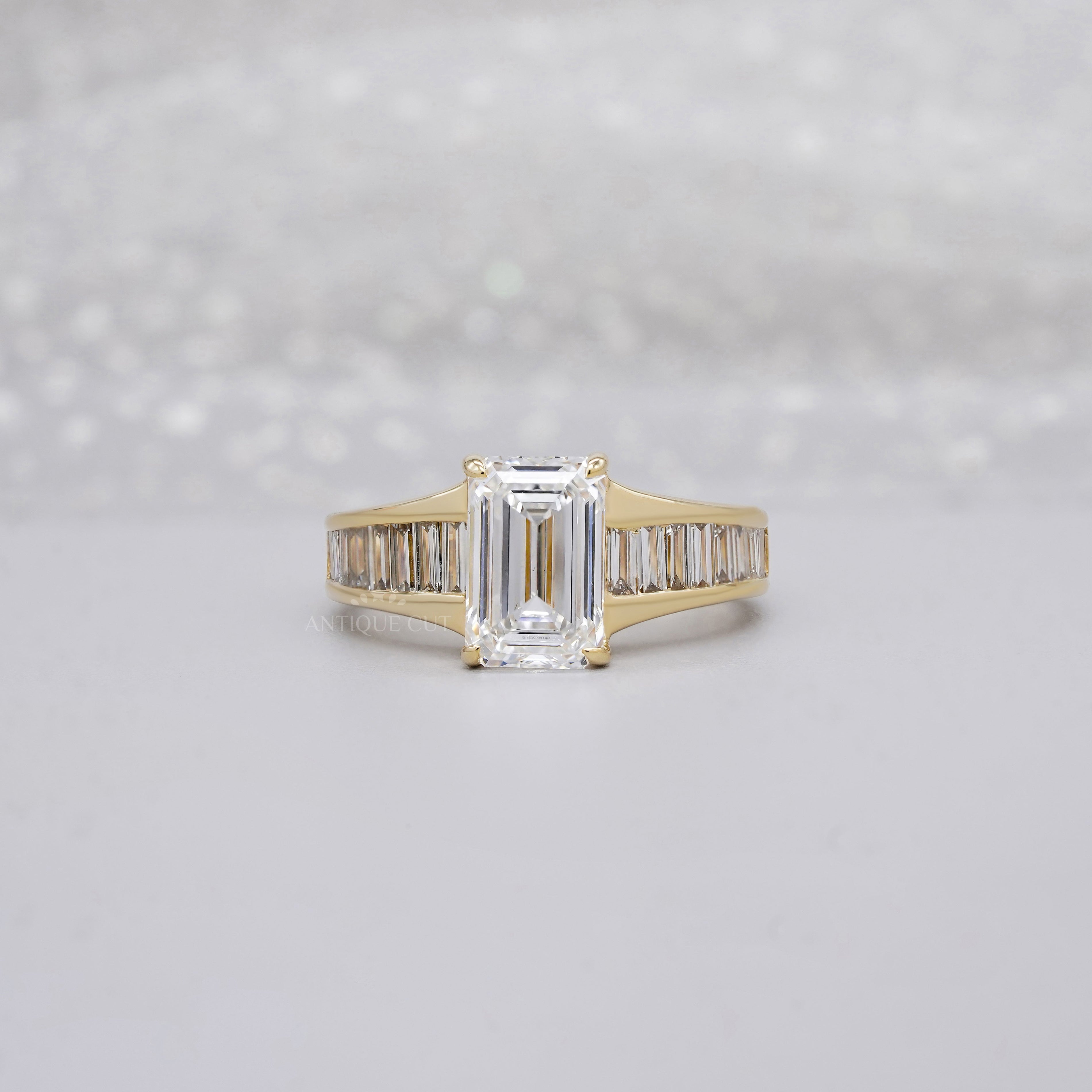 Emerald 3.20tcw Lab Diamond Engagement Ring | 2.5ct Center | Baguette Band | IGI Certified