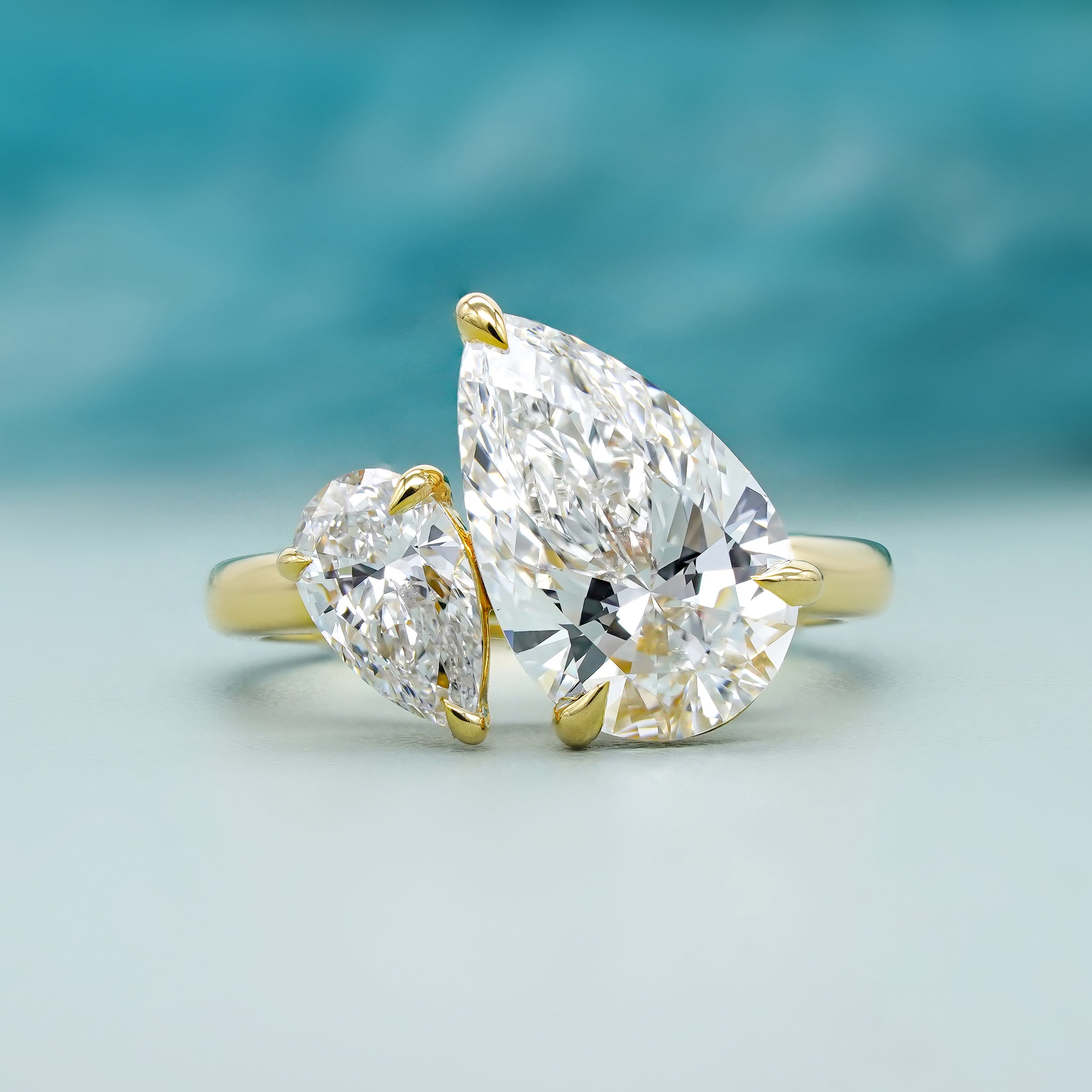 Pear Duo 4.00tcw Lab Diamond Ring | IGI Certified | Contemporary Toi Et Moi in Yellow Gold