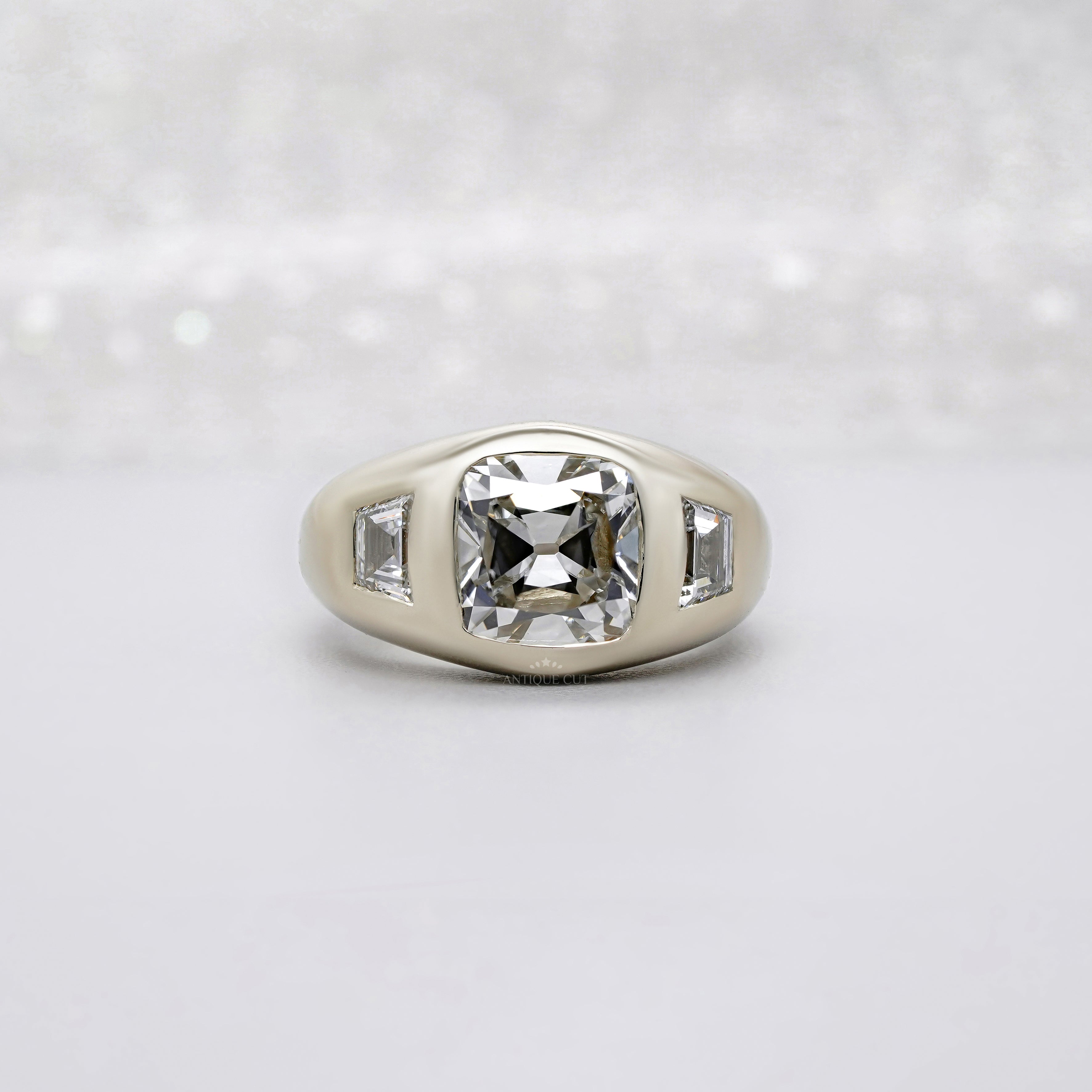 Cushion 3.70tcw Lab Diamond Ring | Baguette Side Stones | Signet Style | IGI Certified