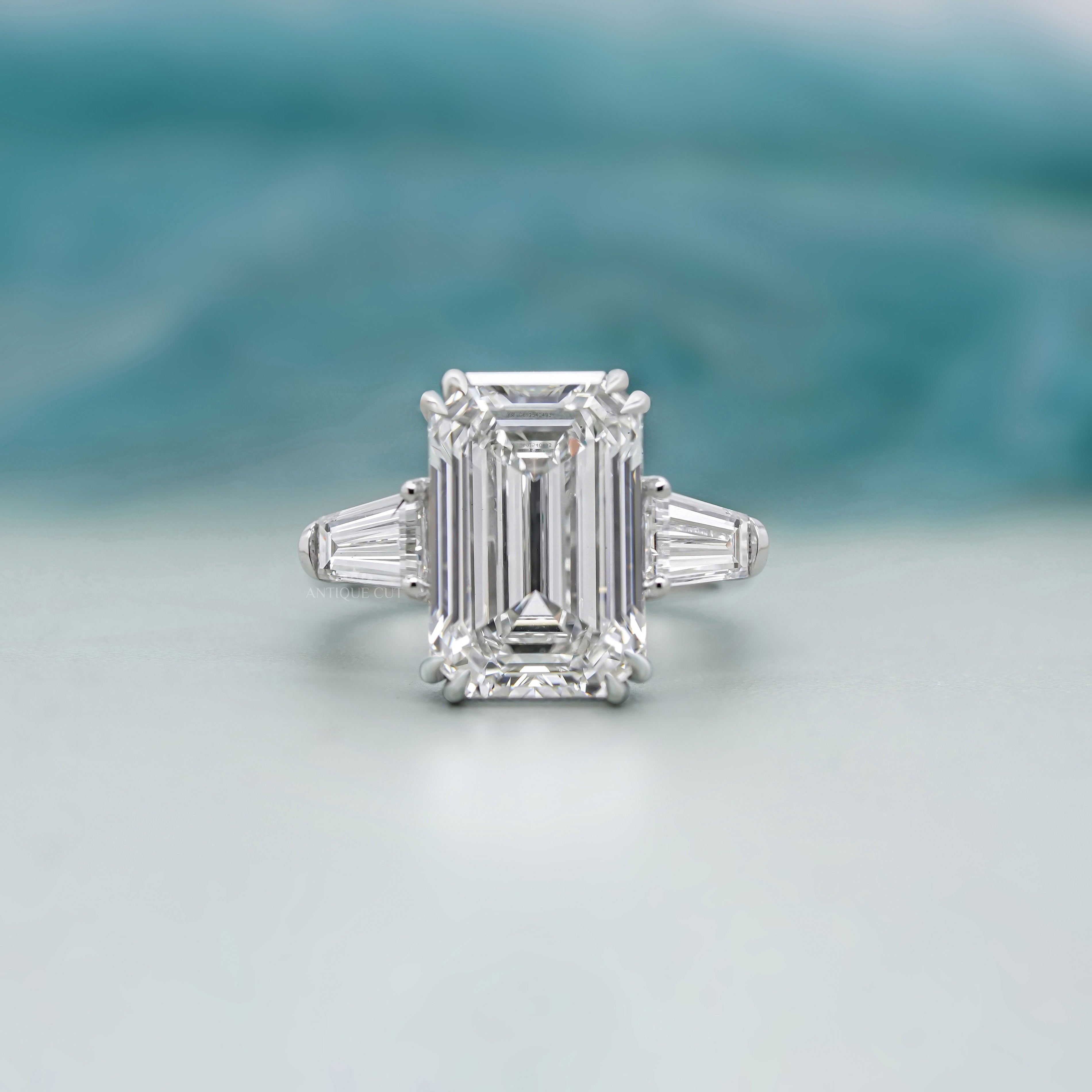 Emerald 6.60tcw Lab Grown Diamond Three Stone Engagement Ring | IGI Certified | White Gold