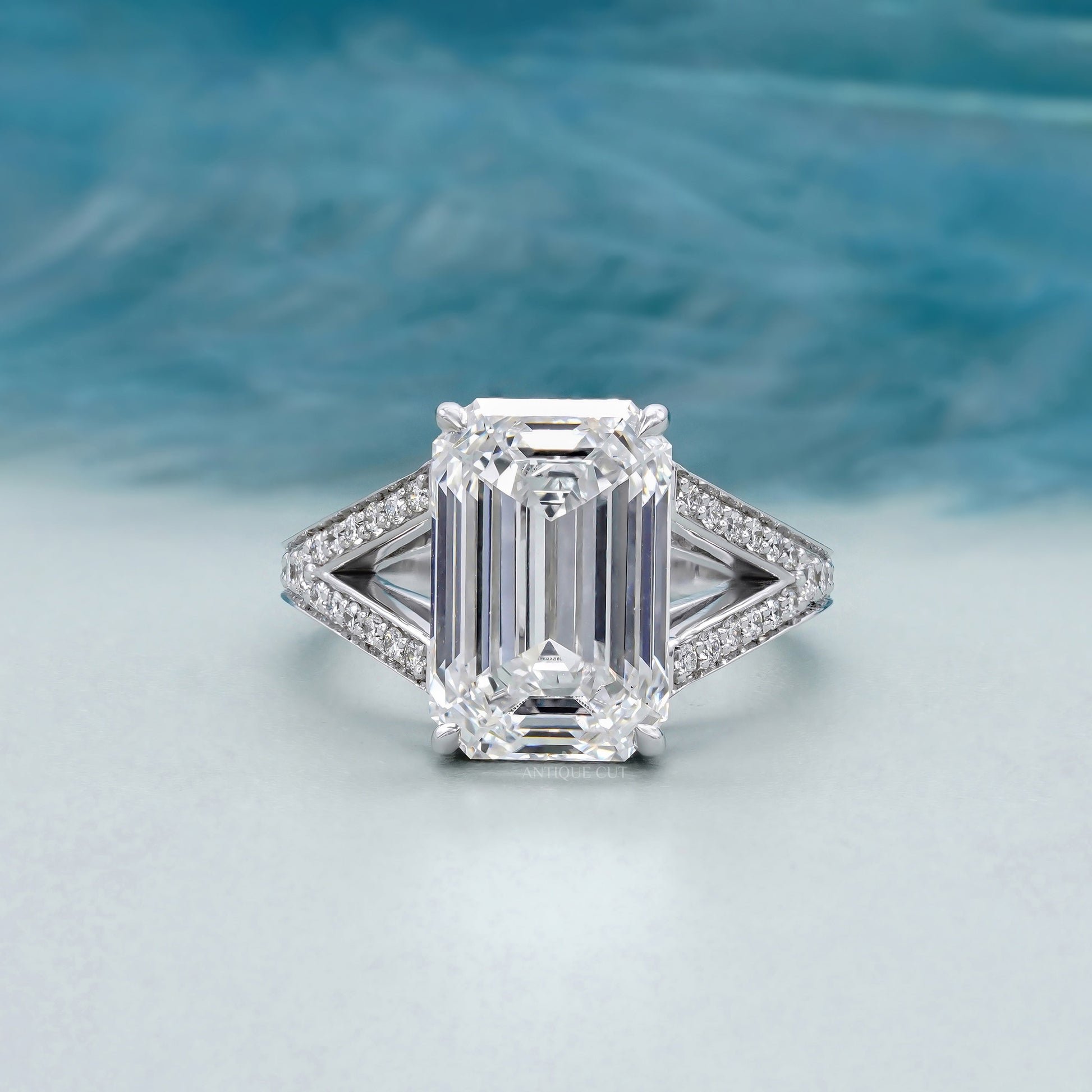 Emerald Cut 7.50tcw Lab Grown Diamond  Pavé Split Shank Engagement Ring | IGI Certified