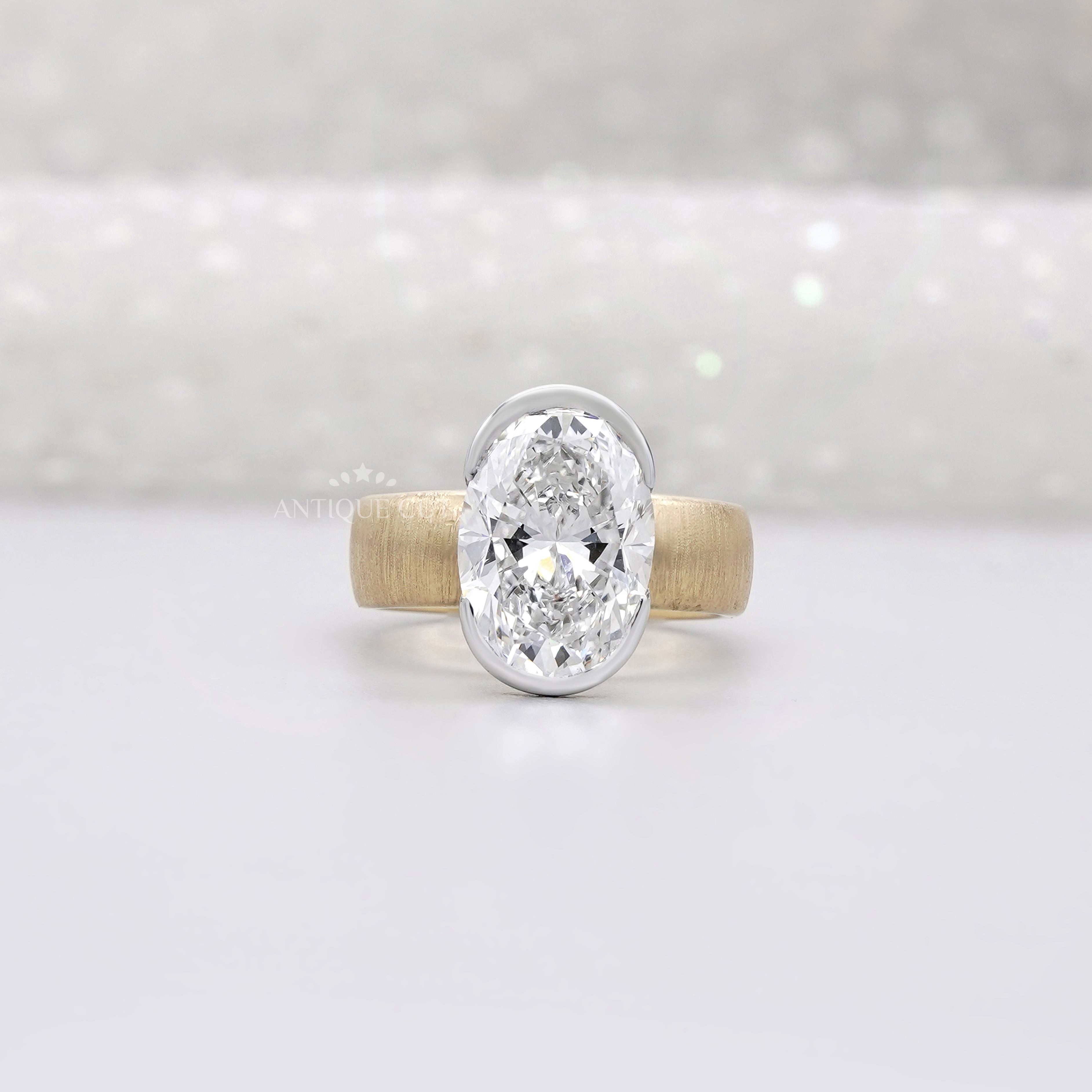 4ct Oval Lab Grown Diamond Bezel Engagement Ring | Paper Matte Finish | Two-Tone Gold | IGI Certified